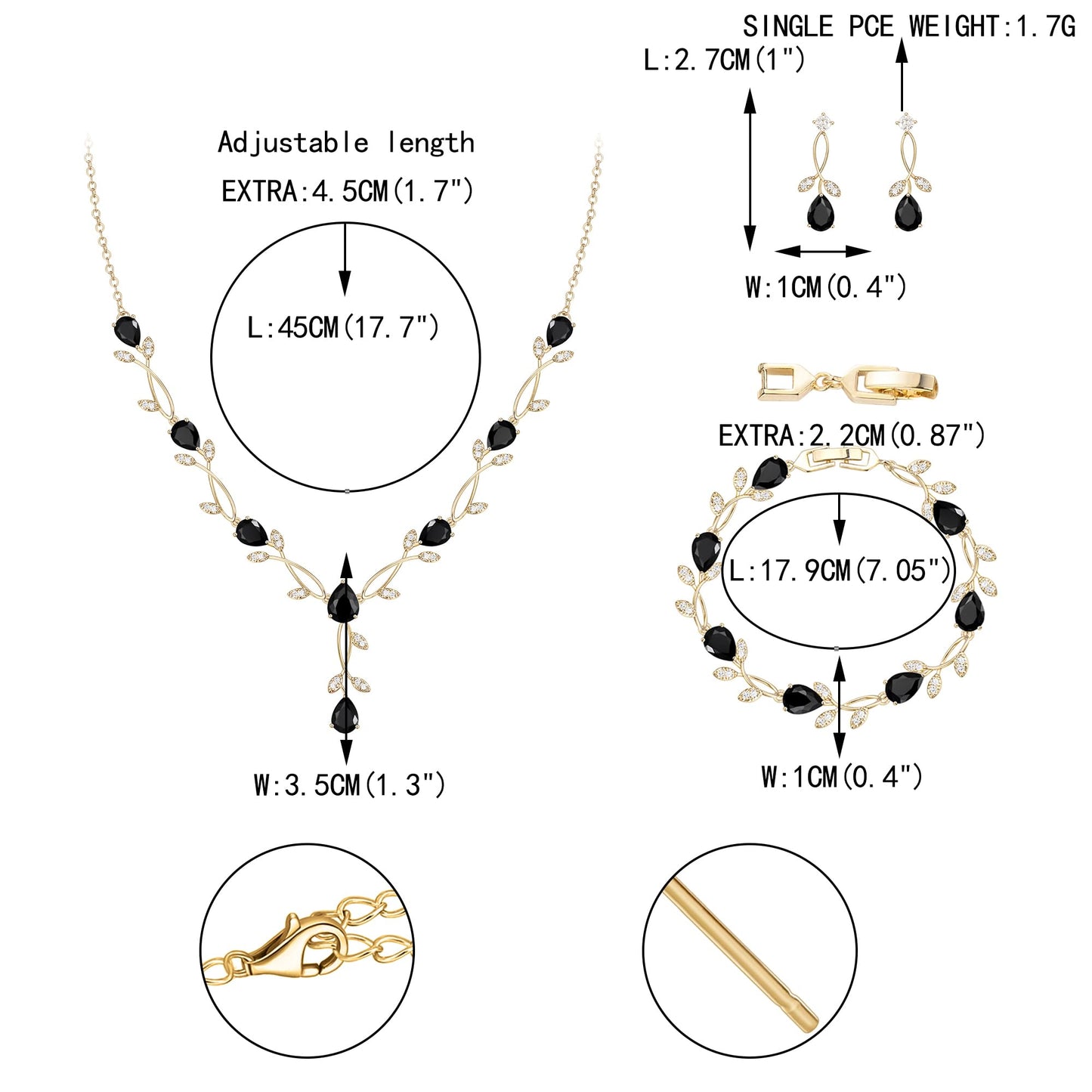 EVER FAITH Prom Party Jewelry Set for Bride Bridesmaid, Black Teardrop Cubic Zirconia Gold-Plated-Brass Leaf Vine Bridal Necklace Dangle Earrings Bracelet Sets for Women