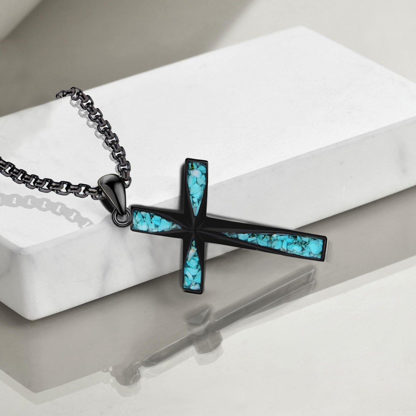 ONEFINITY Religious Cross Pendant Necklace Sterling Silver Origami Cross Pendant Gifts for Women Men Jewelry (A-Black Cross with Turquoise Gravel)