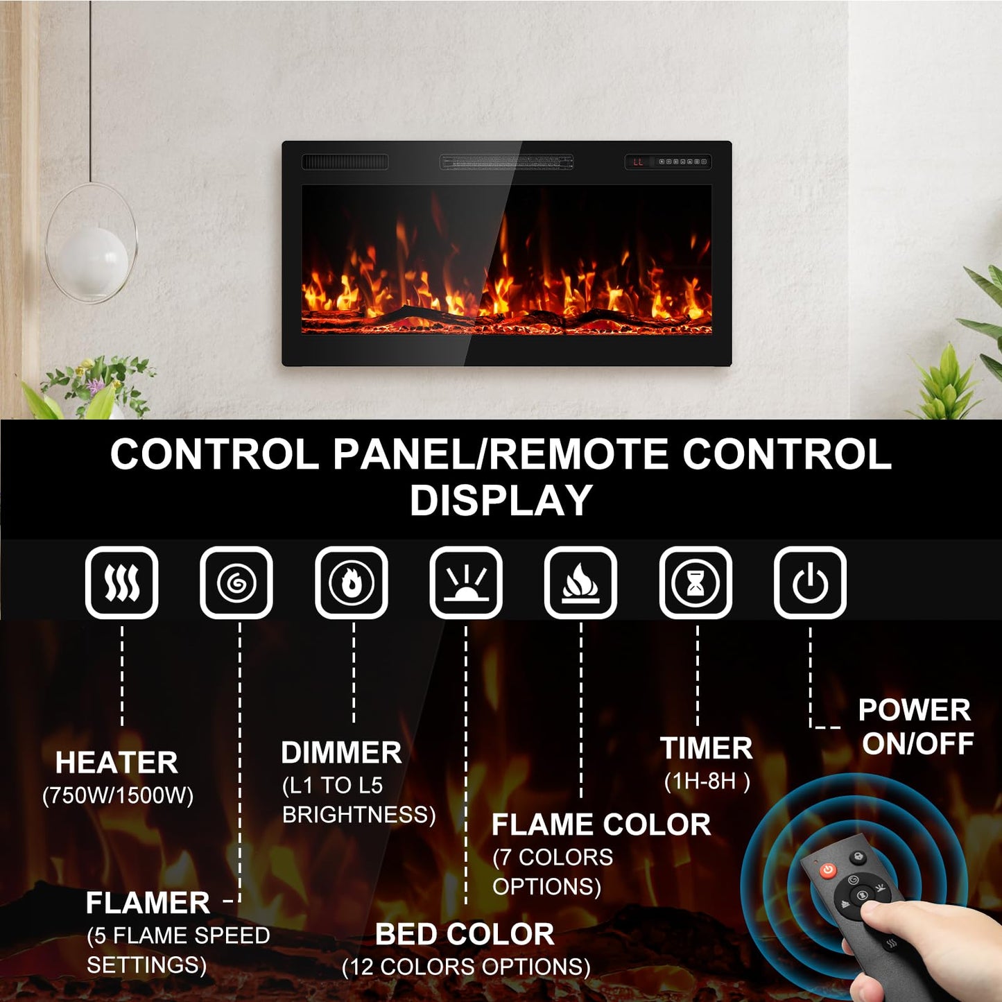 BREEZEHEAT 36 Inch Electric Fireplace Recessed and Wall Mounted, Ultra Slim Linear Fireplace Heater 750/1500W w/Log, 12 Flame Colors, Lower Noise, 8H Timer