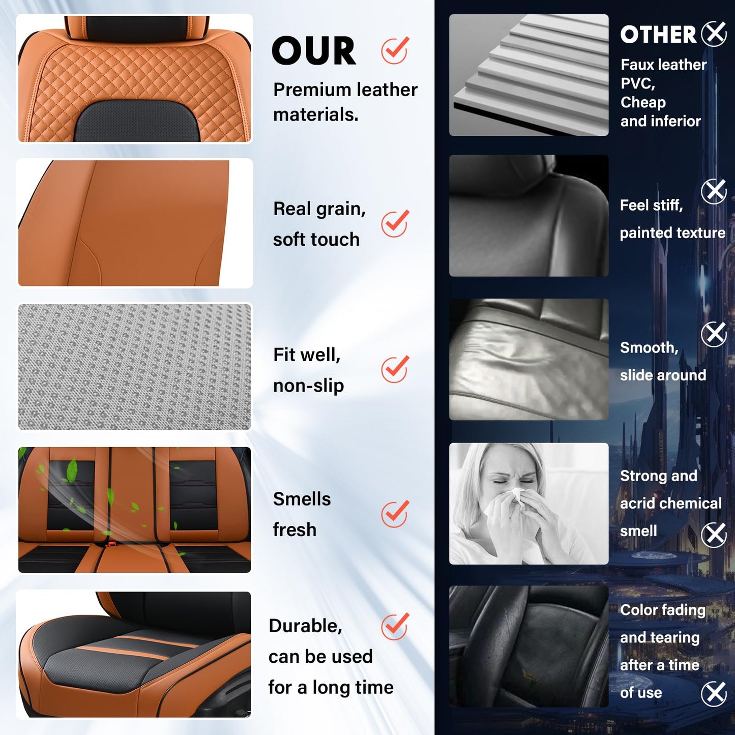Coverado Car Seat Covers Full Set, 5 Piece Car Seat Protector with Removable Headrest, Nappa Leather Breathable Front Rear Seat Cushion Side All Wrapped Universal Fit Truck Automotive Most Cars Brown
