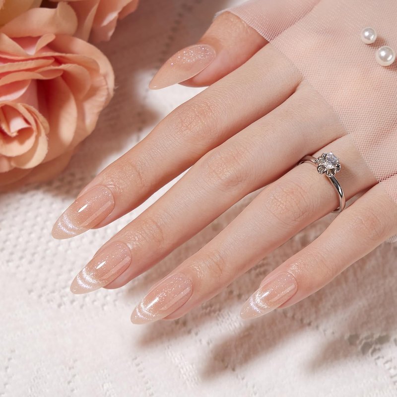 VSALON Almond Medium Press On Nails, Nude Radiant Cat Eye French Tip