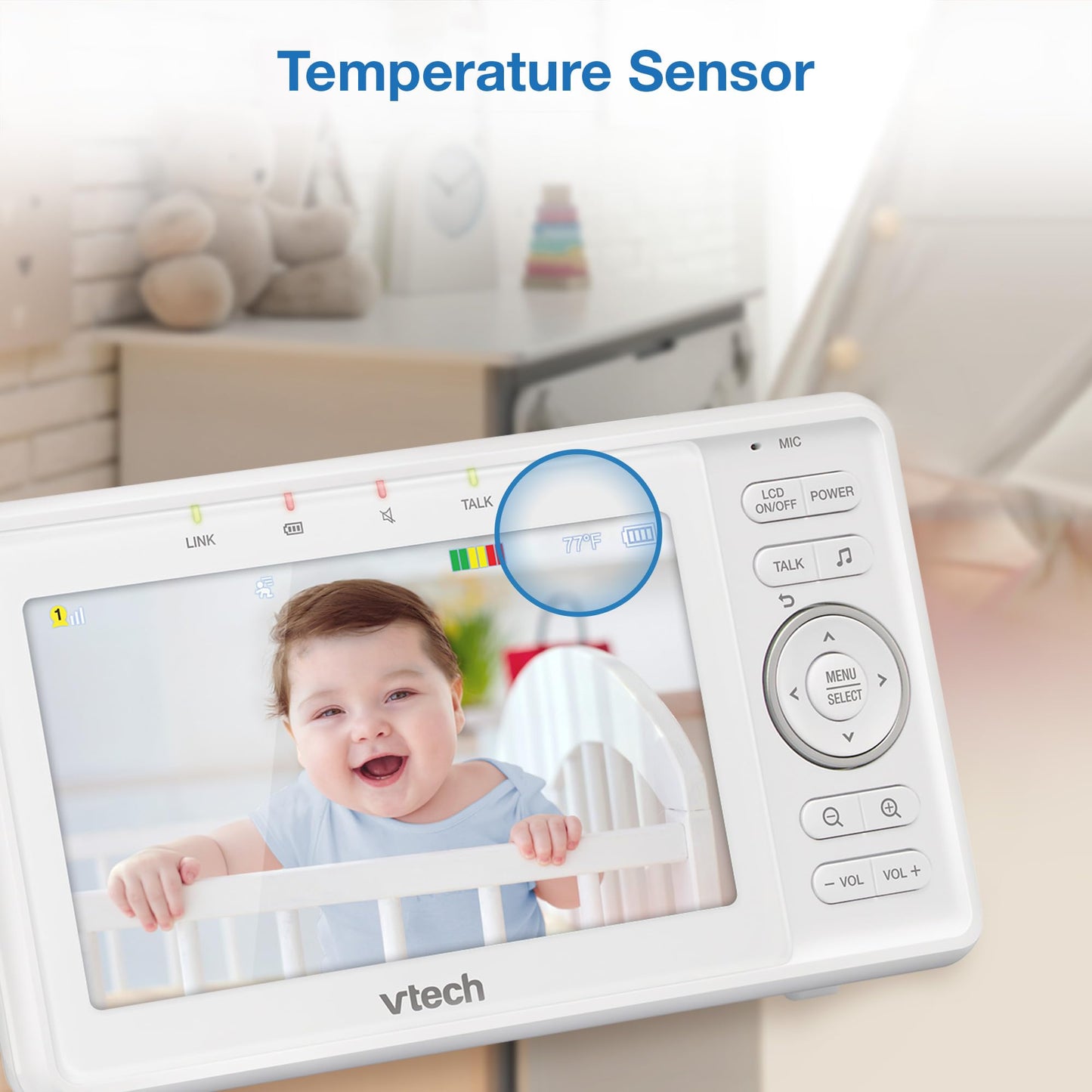 VTech Video Baby Monitor with Camera and Audio, 5" HD LCD Screen, Pan-Tilt-Zoom, 2-Way Talk, VOX Mode, Night Lights, Lullabies, Soothing Sounds, Temperature sensor, Long Range, No WiFi: VM5263 (White)