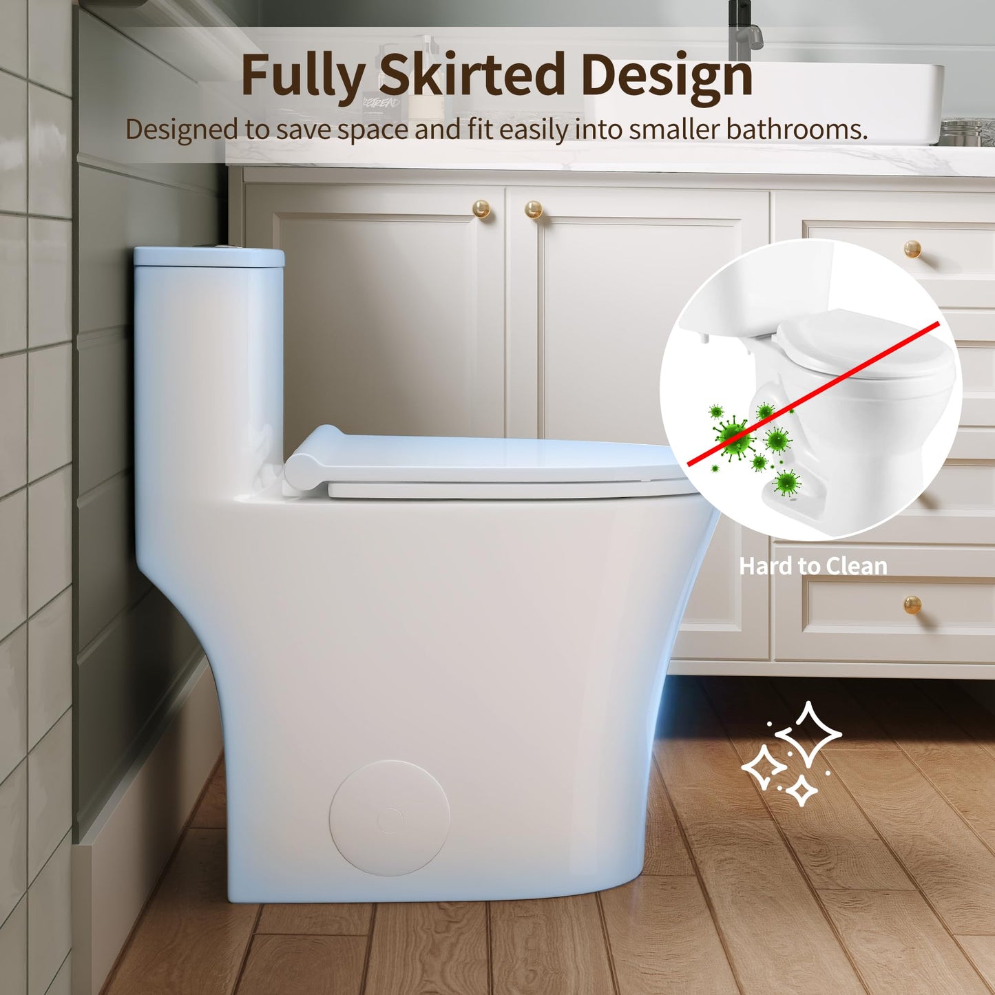 DeerValley Compact One-Piece Toilet 1.28 GPF Single Flush Fully Skirted Bowl with Soft-Close Seat White Space-Saving Elongated Toilets for Small Bathrooms