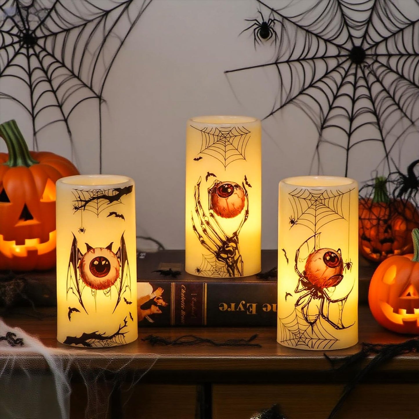 DRomance Halloween Flameless Flickering Candles Battery Operated with Timer, 3 Pack Real Wax LED Pillar Candles Spooky Bloody Eyes Spider Decals Dinner Halloween Decorations Indoor(3" D x 6"" H)"