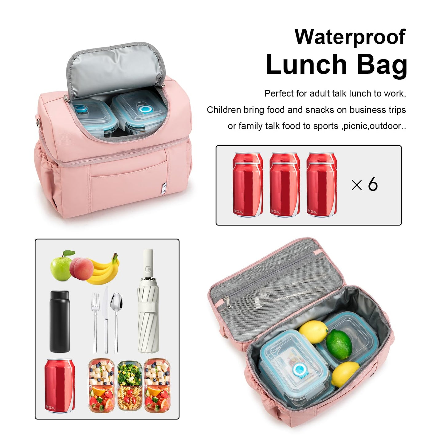 NOL Natural Organic Lifestyle Adult Lunch Box Insulated Lunch Bag Large Dual Compartment Lunch Bag Coolers Lightweight Nylon Waterproof Lunch Box for Work, Picnic, Travel, Outdoors, Pink
