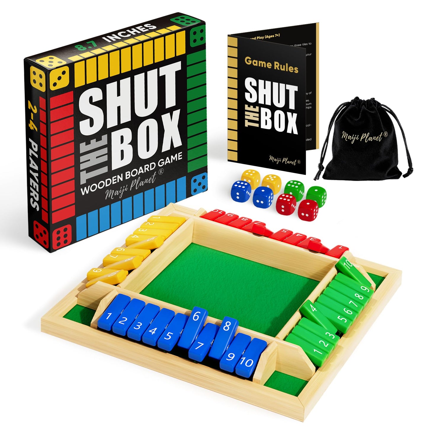 Maiji Planet Classic Original Shut The Box Game, Math Dice Board Game for Family Night Classroom Travel, Wooden Table for Group Kid Adult Senior, Camp Party Bar, Easy Quick and Fun, 2-4 Players