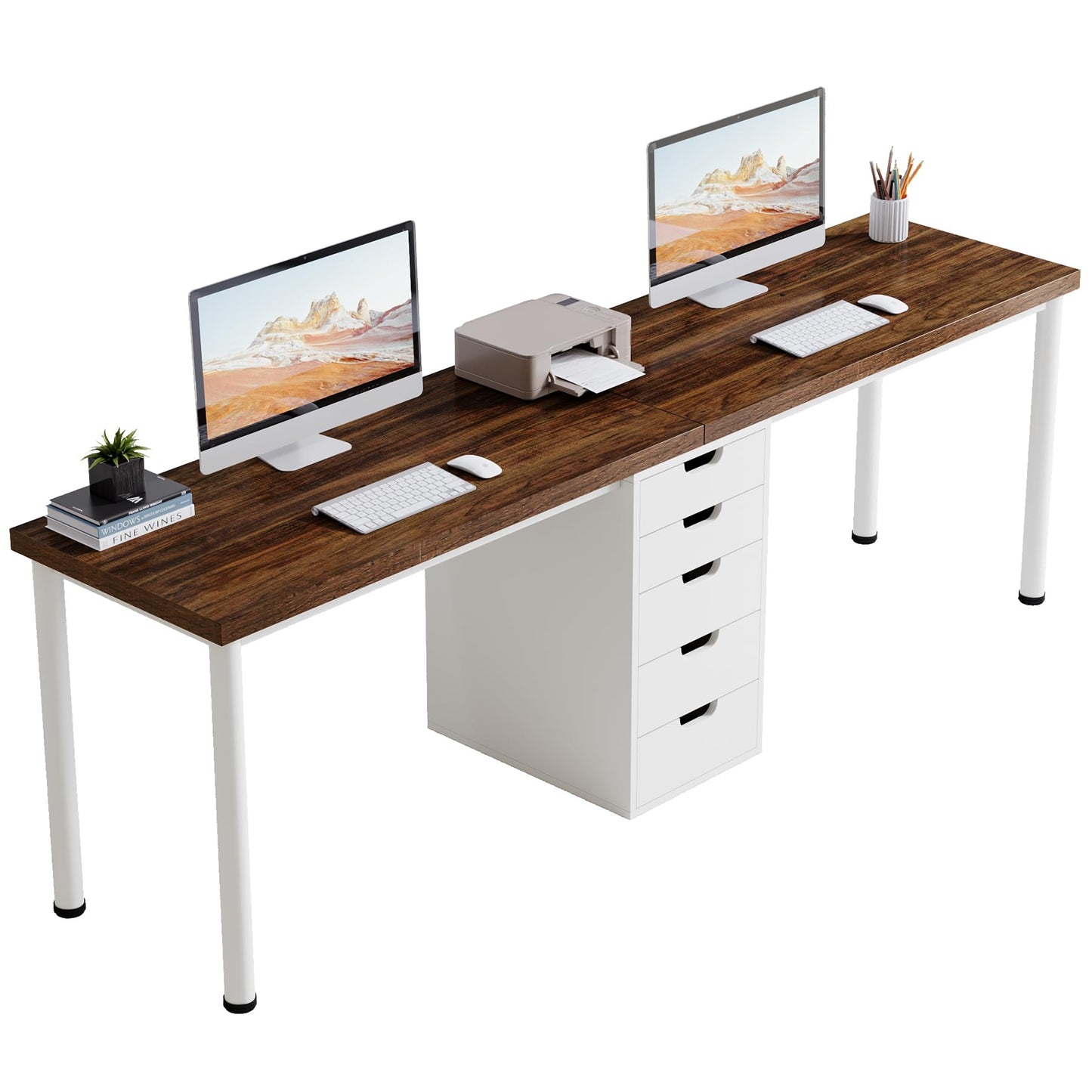 Tribesigns Two Person Computer Desk with 5 Drawers, 78.7 Inches Extra Long Double Office Desk, Modern Simple Double Computer Desk Study Writing Table Workstation for Home Office(Brown/White)