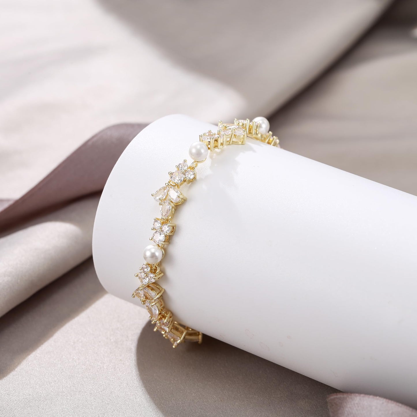 EVER FAITH Faux Pearl Wedding Jewelry Gorgeous Cubic Zirconia Cream Simulated Pearls Bridal Tennis Bracelet for Women Bride Bridesmaid Clear Gold-Tone