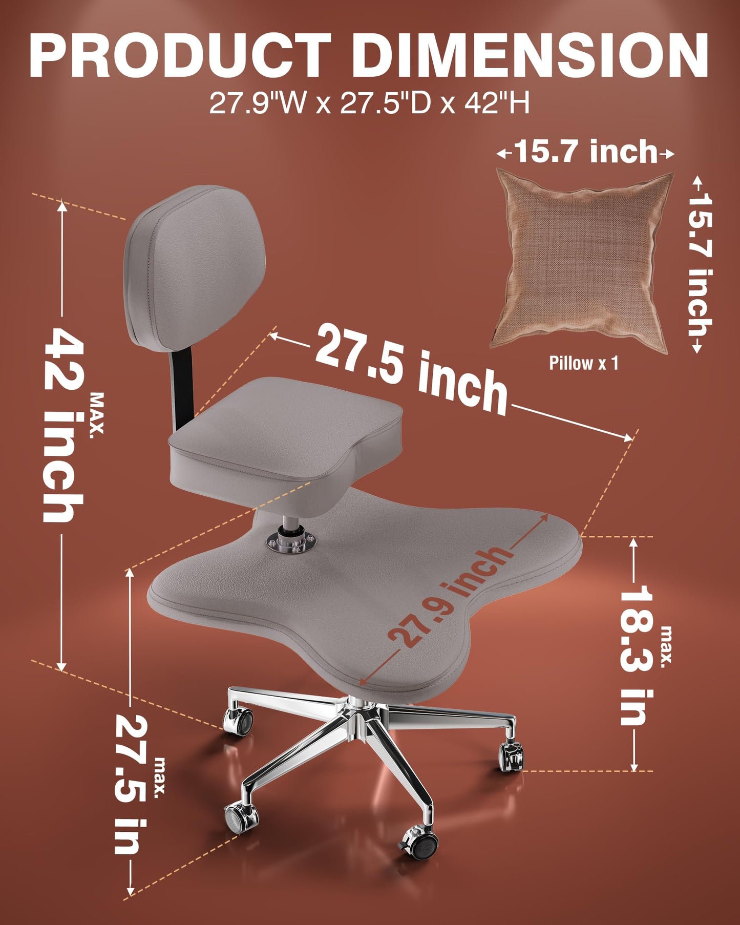 PYY ADHD Chairs for Adults - Meditation Cross Legged Office Chair with Wheels, Ergonomic Squatting Kneeling Fidget Chair with Lumber Back Support Adjustable Height for Home and Office Gray