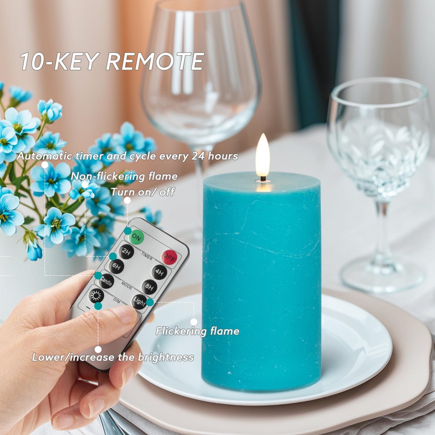 AFINETH Teal Flameless Pillar Candles, Battery Operated Candles with Remote, Real Wax Flickering LED Candles for Home Party Wedding Holiday Decor, Set of 4, Φ 3" H 4"" 5"" 6"" 8"""