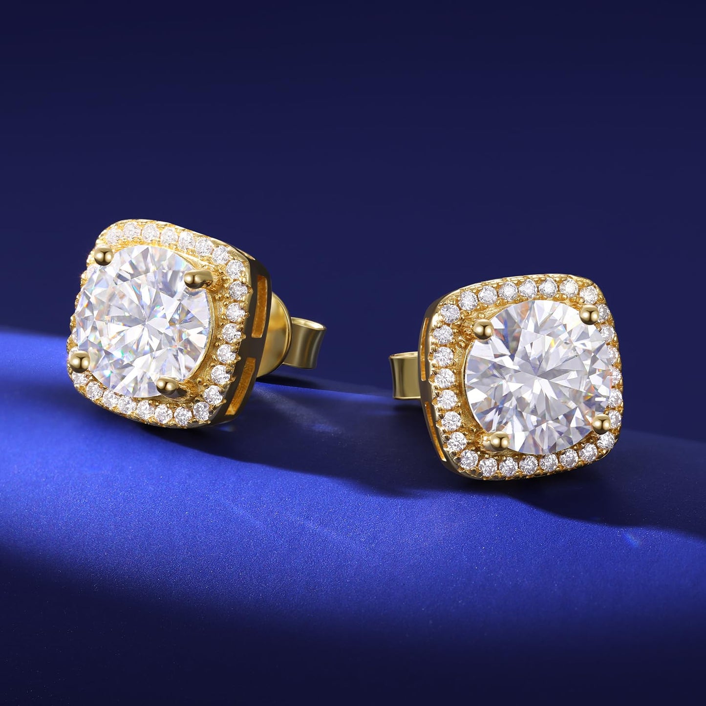 Gugots Moissanite Halo Square Stud Earrings Screw Back 925 Sterling Silver Lab Brilliant D Color VVS1 Clarity Hypoallergenic Earrings for Women Men 18K Gold Plated 0.8CT 6MM*2