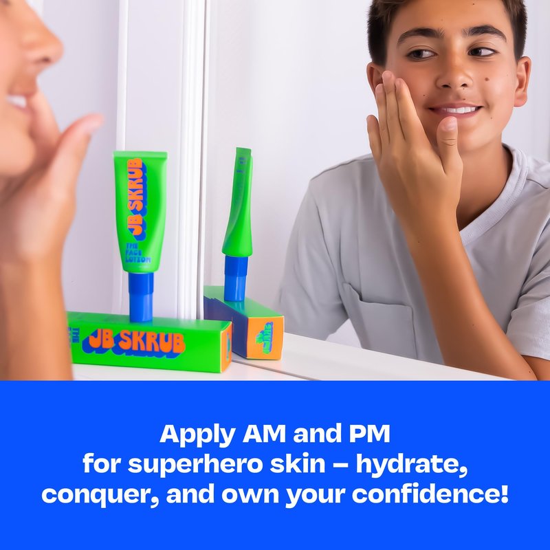 JB SKRUB The Face Lotion and Face Pads -Teen Boys, Tween and Kids Moisturizer for Cool Confidence, Grease-Free Freshness & Hydration with Blue Light Defense