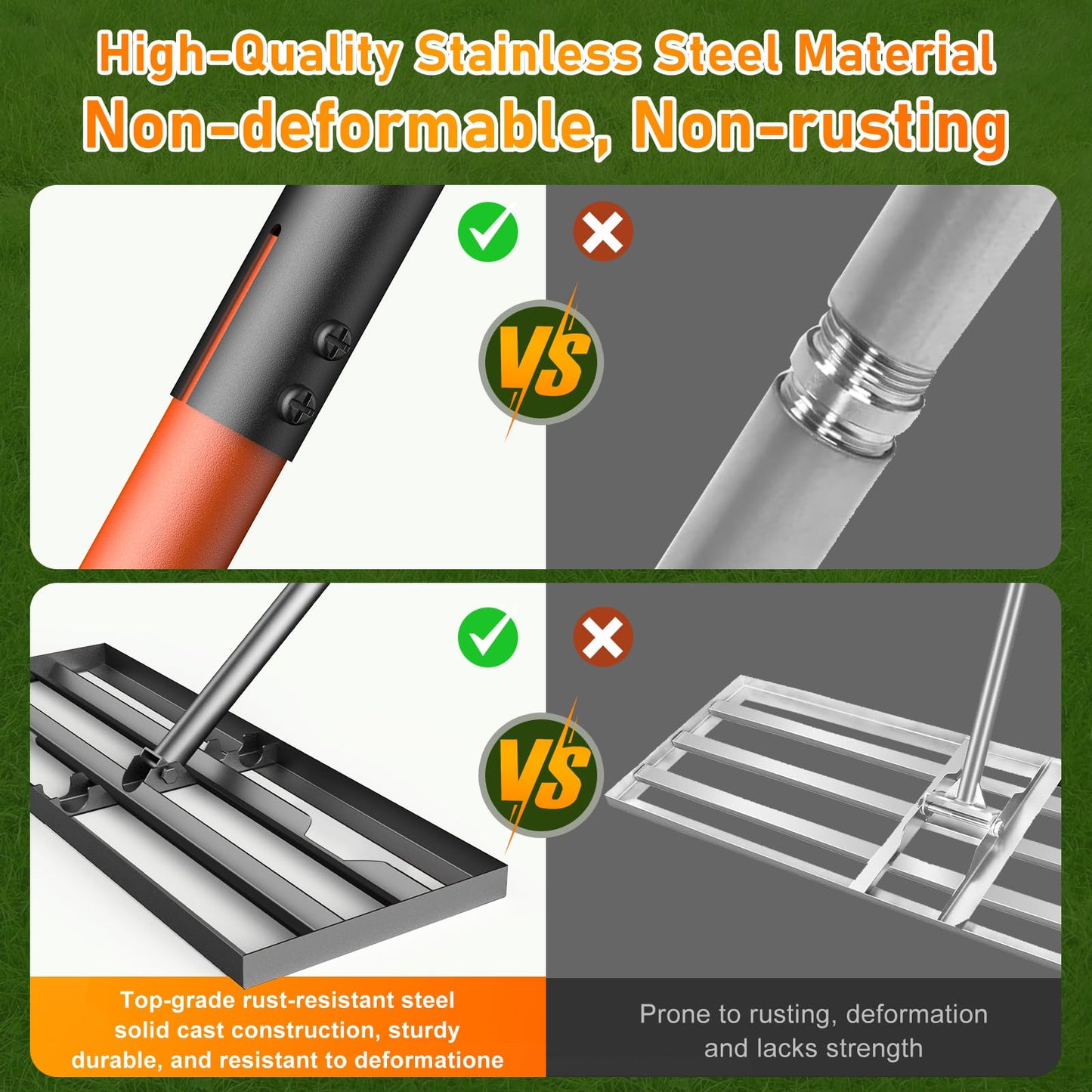 Lawn Leveling Rake, 30"x10" Leveling Rake with 78 Inch Adjustable Handle, Stainless Steel, for Backyard, Garden, Golf Course, Farm ＆ Pasture, Professional Lawn Care Tool - Orange