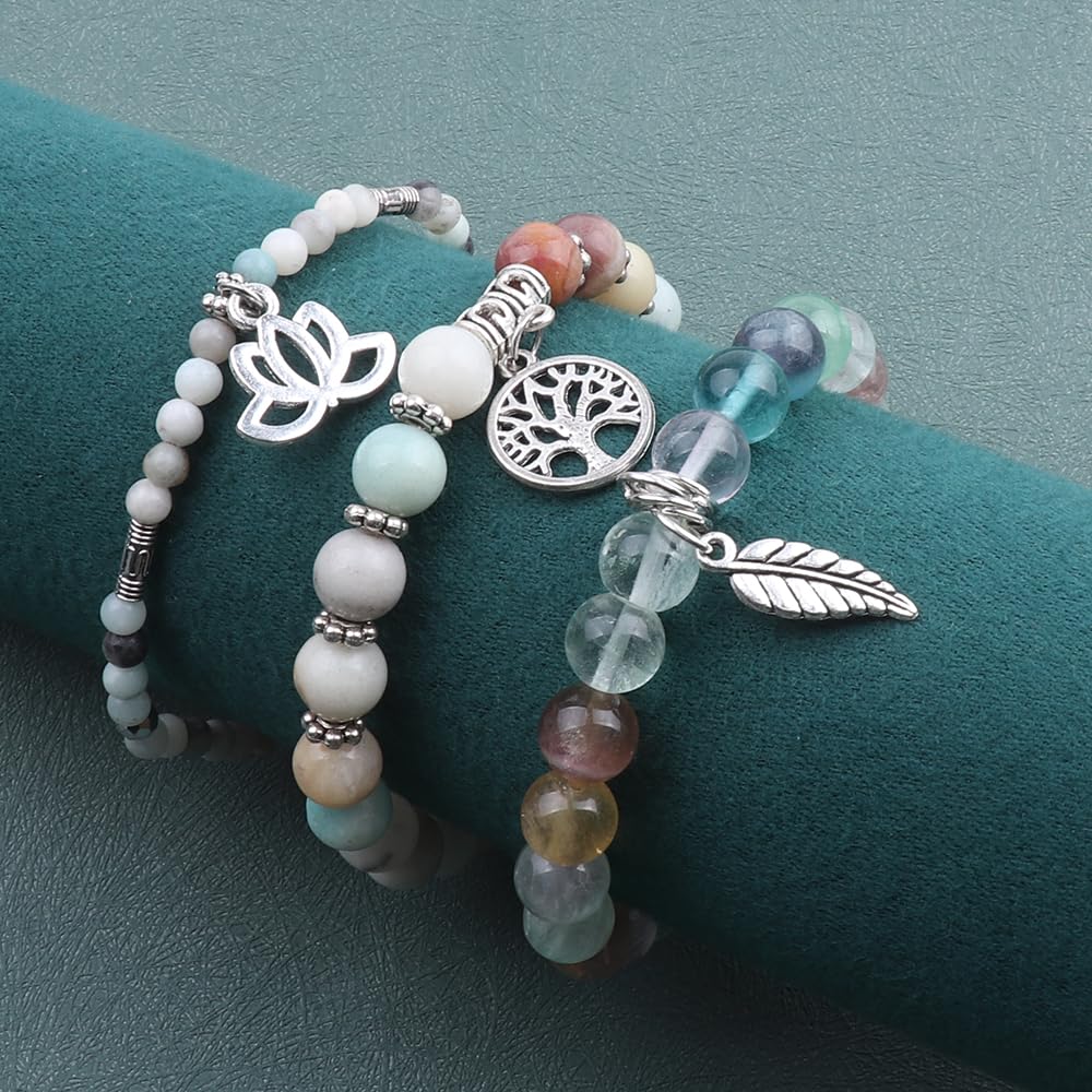 UEUC Tree of Life Yoga Healing Stone Bracelets, Multilayer Lotus Chakra Stone Reiki Bracelet Sets, Anxiety Crystal Natural Stone,for Women Stress Relief(#144)