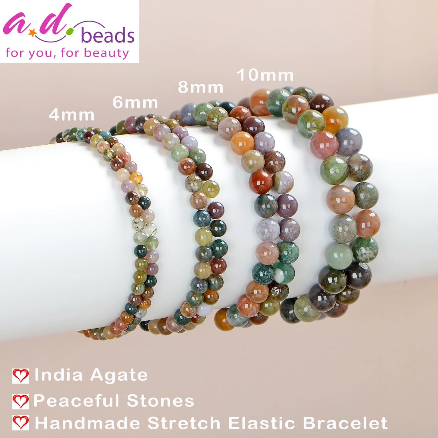 AD Beads Handmade Gemstone Stretch Elastic Bracelet Crystal Healing Reiki Nature's Beauty and Spiritual Essence Unisex (8mm, Indian Agate)