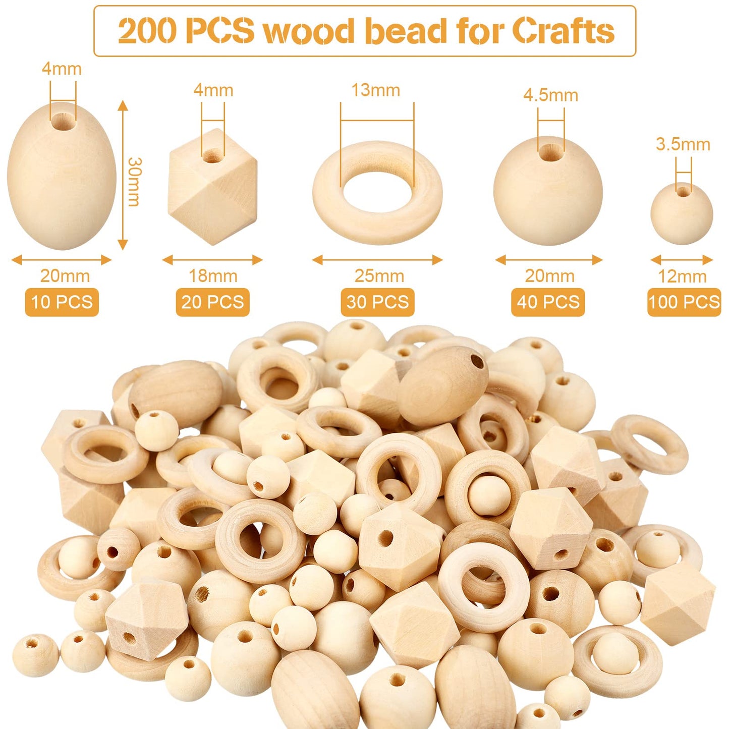 200 Pcs Natural Wood Beads Bulk 4 Styles Round Wood Hexagon Polygon Wooden Bird Spacer Unfinished Geometric Beads for DIY Crafts Garland Jewelry