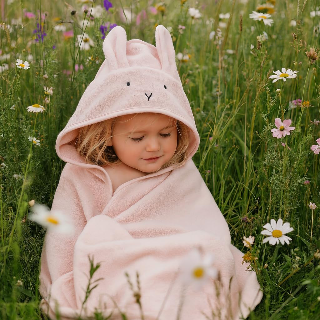 Huxie Baby Hooded Towel – Organic Cotton Baby Bath Towels – Baby Towels, Baby Bath Towels for Baby Girl, 32" x 32" Super-Soft and Absorbent Baby Towels for Newborn (Rabbit - Blush)