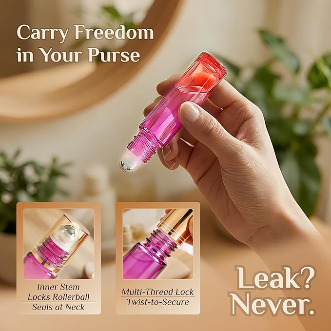 PrettyCare 24 Pack, 10 ml Essential Oil Roller Bottles with Stainless Steel Roller Ball - Refillable Leak-proof Empty Thick Red & Purple Glass Roll on Bottles with Golden Caps for Travel, Perfume