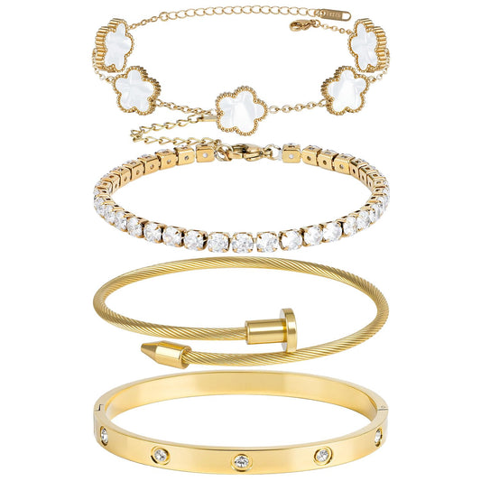 18K White Gold Plated Clover Bracelet Bangle Set, 4pcs Stackable Four Leaf Gold Bracelet Set for Wife Mom Girlfriend
