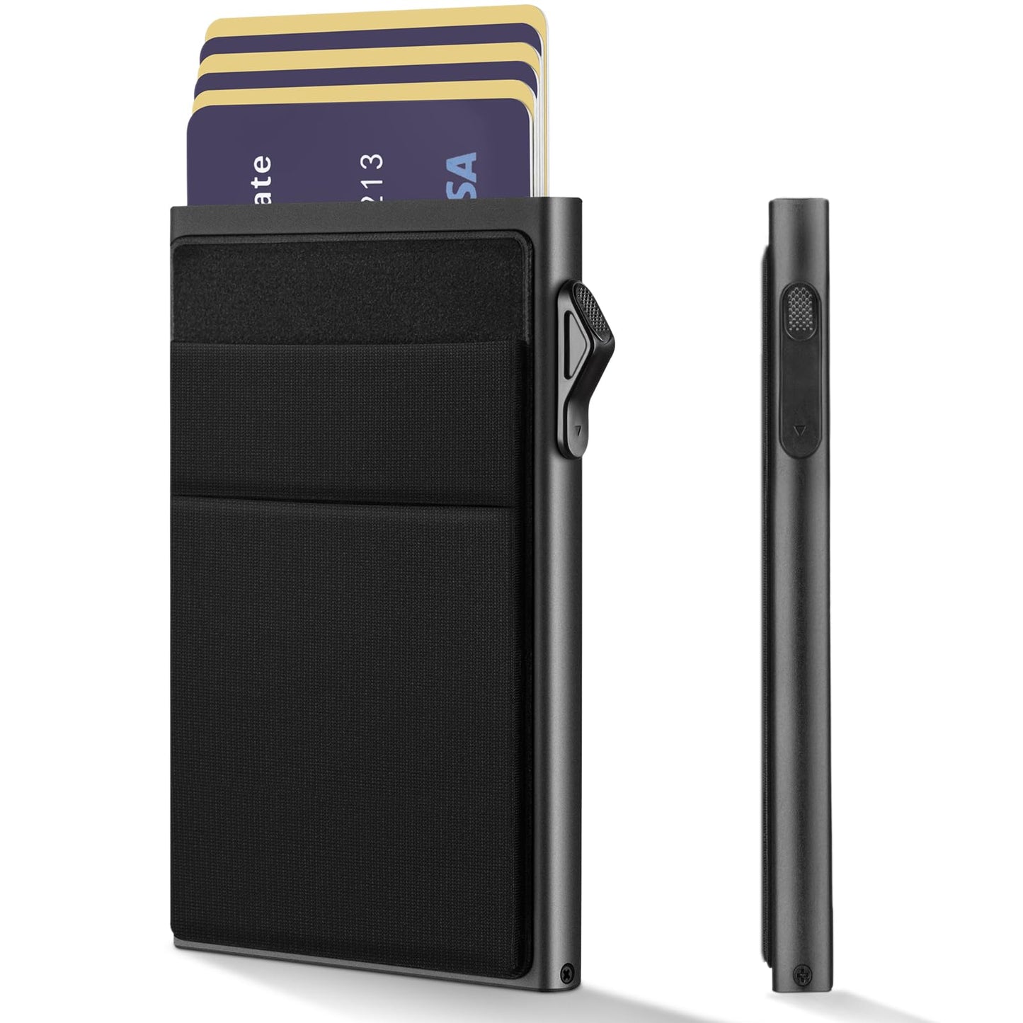 YESIIW Slim Wallet for Men - Pop up Card Holder RFID Blocking Minimalist Business Credit Card Wallet with Money Pocket Metal Card Case for Notes and Coins and Debit Cards Black
