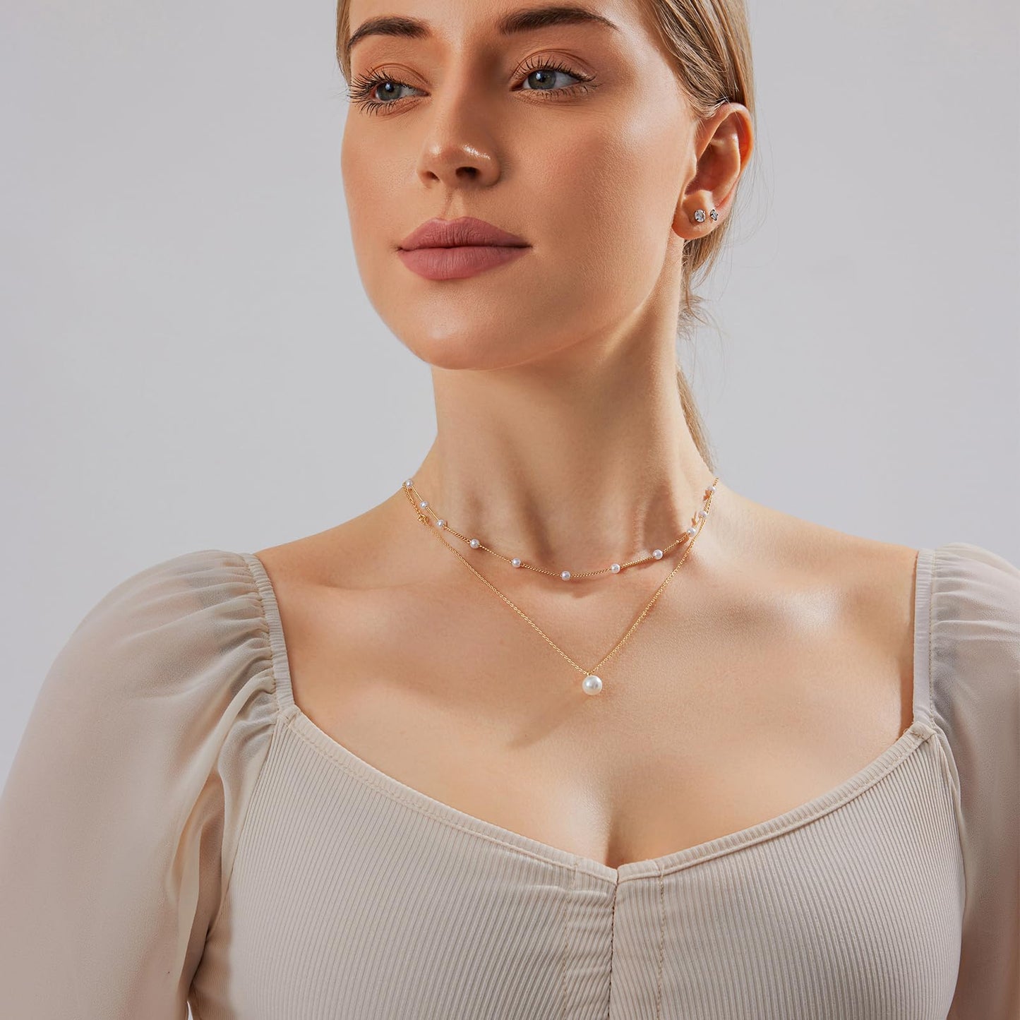 Luxval Pearl Necklace for Women Layered Trendy 14K Gold Plated Dainty Pearl Pendant Choker Set Gold Necklace Stack Non Tarnish Simple Cute Jewelry Gifts for Women