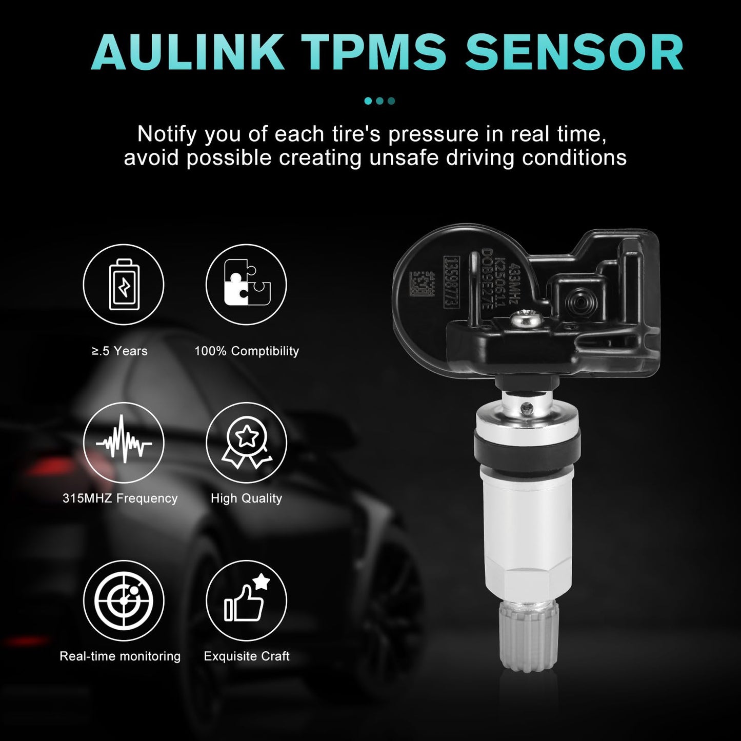 AULINK 13586335 TPMS Sensor, GM 315Mhz Tire Pressure Monitoring Sensor Compatible with Chevy Silverado GMC Cadillac Buick Pontiac Saturn Hummber Saab Replace#13598771 13598772 13581558 4 Pack