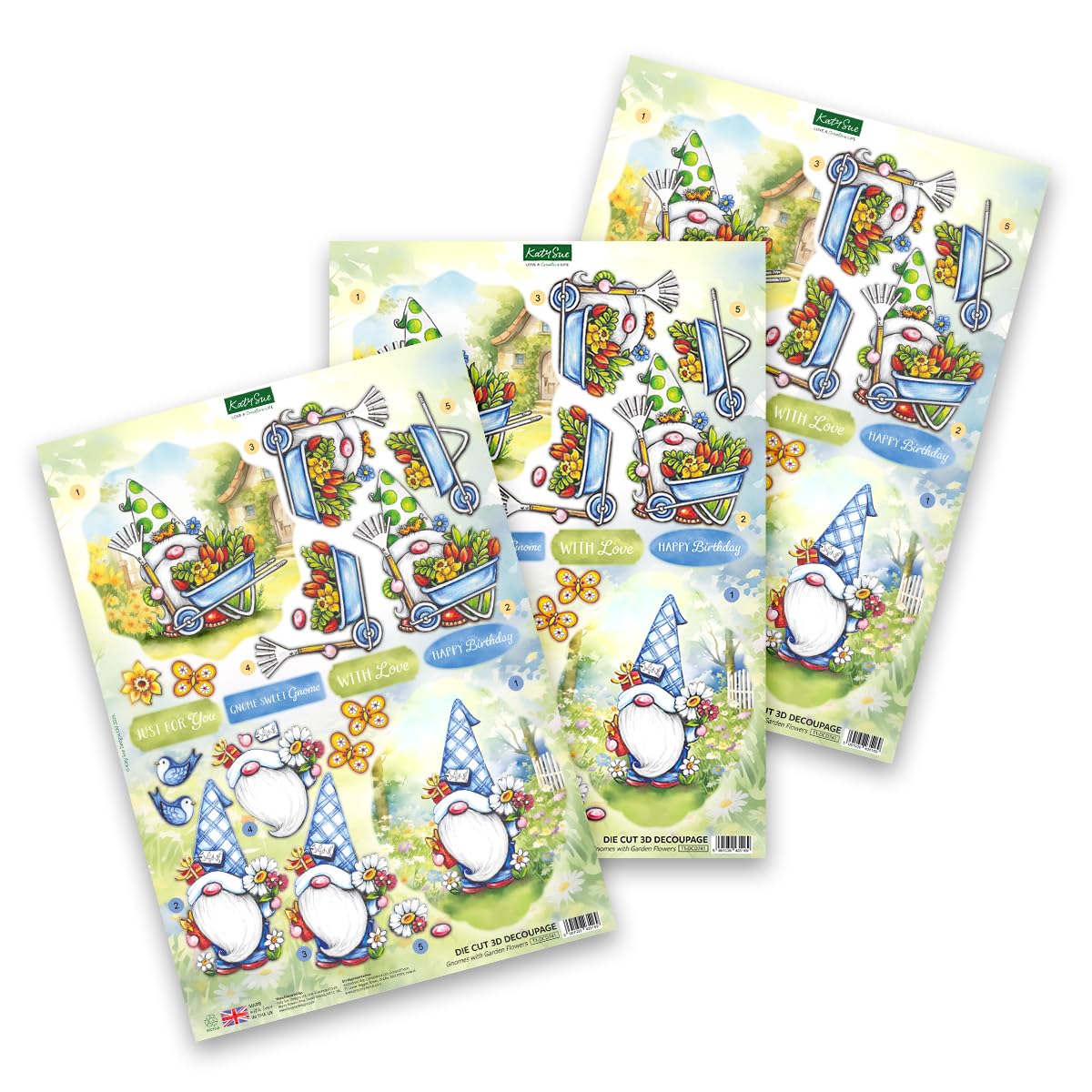 Katy Sue Garden Gnomes Die-Cut Decoupage Pack. 12 Sheets of Gnome, Gonk & Garden-Themed Die Cuts for Card Making Supplies with Sentiments & Card Toppers on 150 GSM Paper. UK-Made.