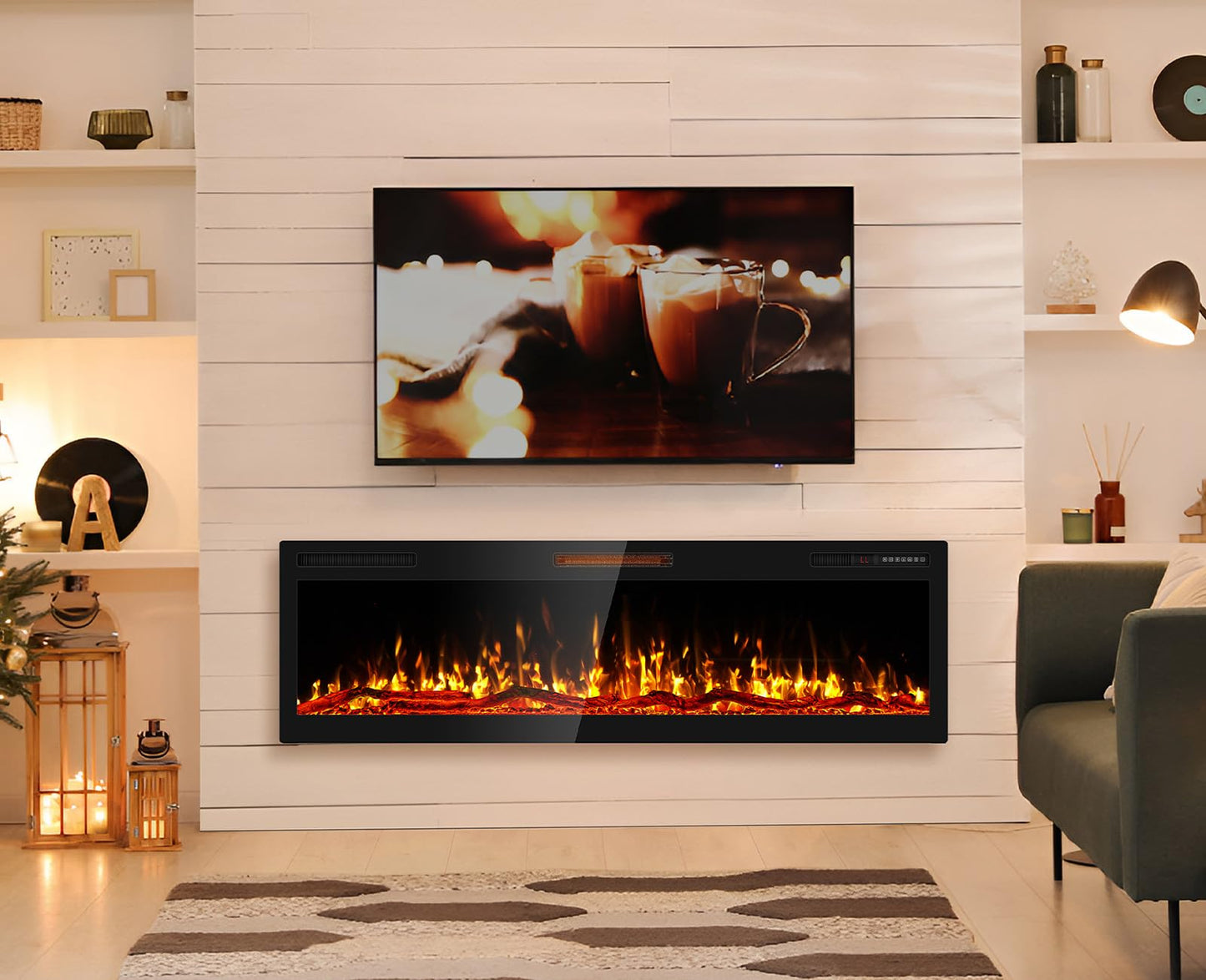Ludatido 68 Inch Electric Fireplace Wall Mounted and Recessed with Remote Control, Color Adjustable/Realistic Flame W/Timer 1500/750W 400 sq.ft Heating Output Fireplace Heater with Log