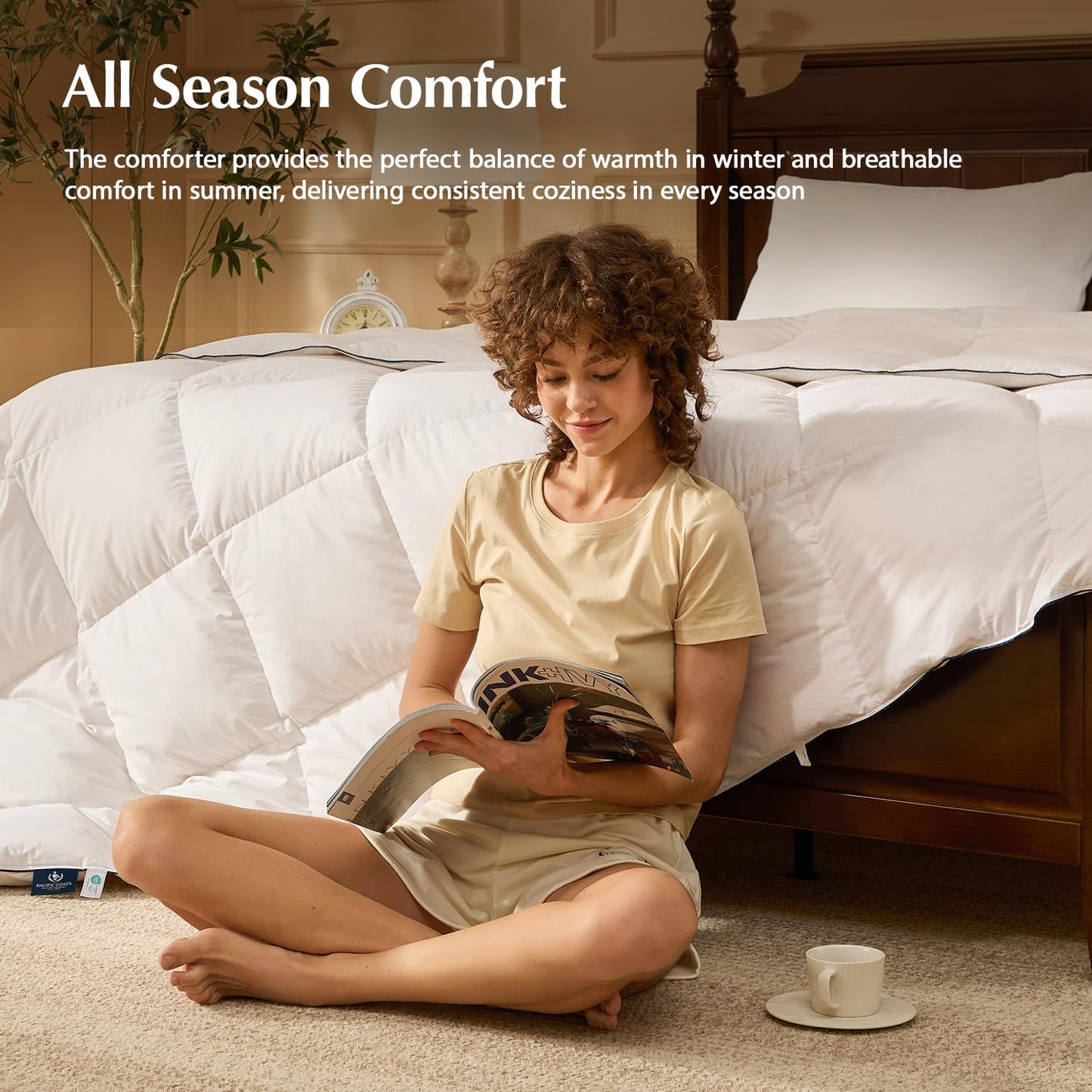 Pacific Coast Goose Feather Down Comforters King Size, 100% Cotton Extra Fluffy White Duvet Insert, Soft, Breathable, All Season Hotel Luxury Bedding Comforters, 8 Corner & Center Loops (106"x90")