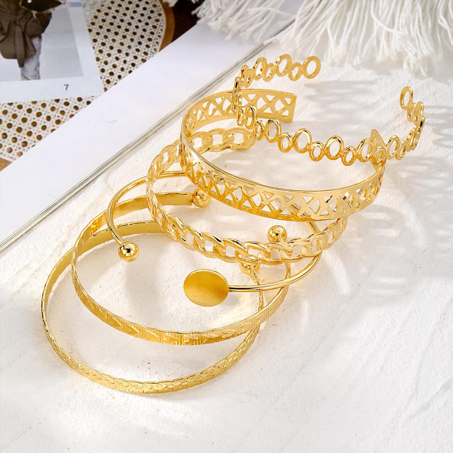 IFKM Gold Bangle Bracelets For Women 14k Gold Plated Multi Layer Stackable Cuff Bracelet Set, Trendy Elegance Charms Non Tarnish Minimalist Textured Boho Jewelry for Women (6pcs Hollow love five-pointed star)