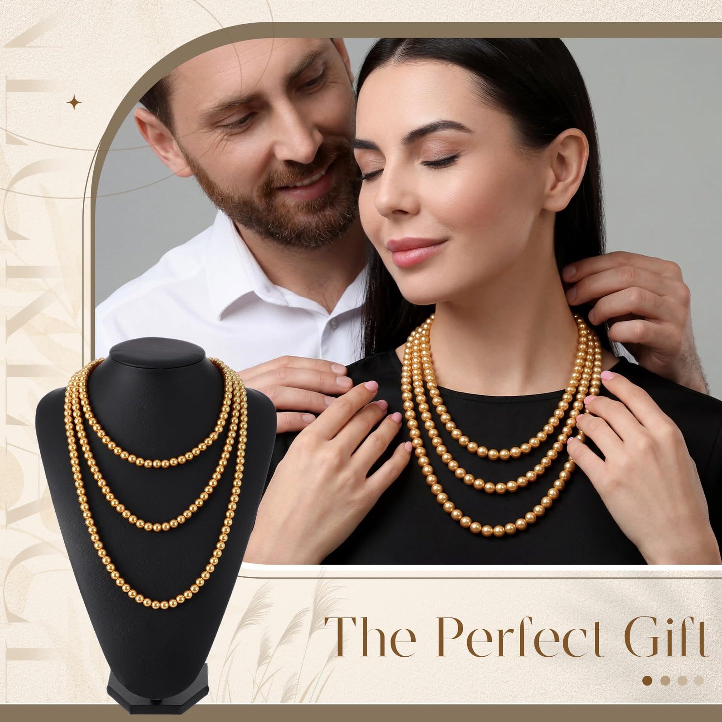 Aurelema 2 Pack Long Pearl Necklace for Women 1920s Costume Party Jewelry Faux Pearls Strand Beads for Ladies(70 Inches,8 mm,Glass,Gold)