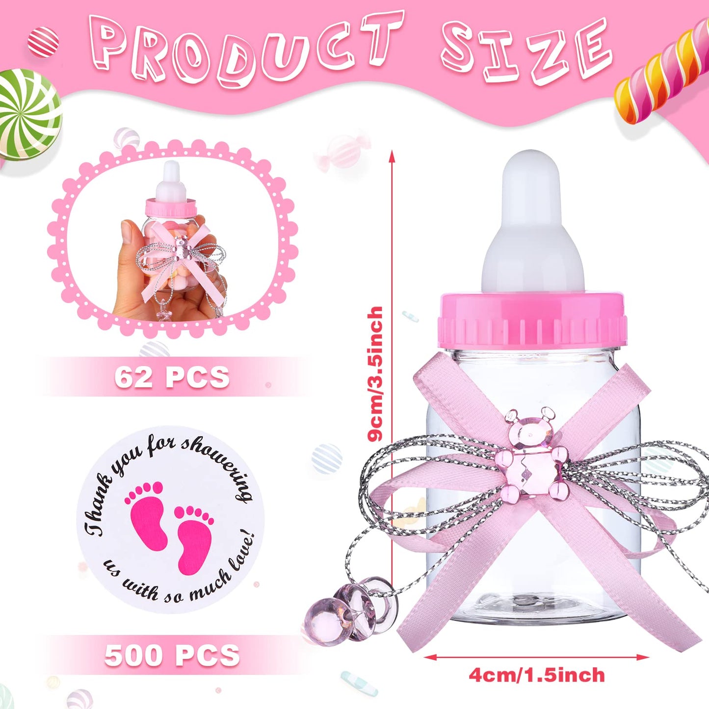 62 Pcs 3.5 Inch Baby Mini Milk Bottle Baby Shower Favor with 500 Adhesive Thank You for Showering Stickers, Small Plastic Bear Candy Bottle for Boy Girl Newborn Baptism Party Decor (Pink)