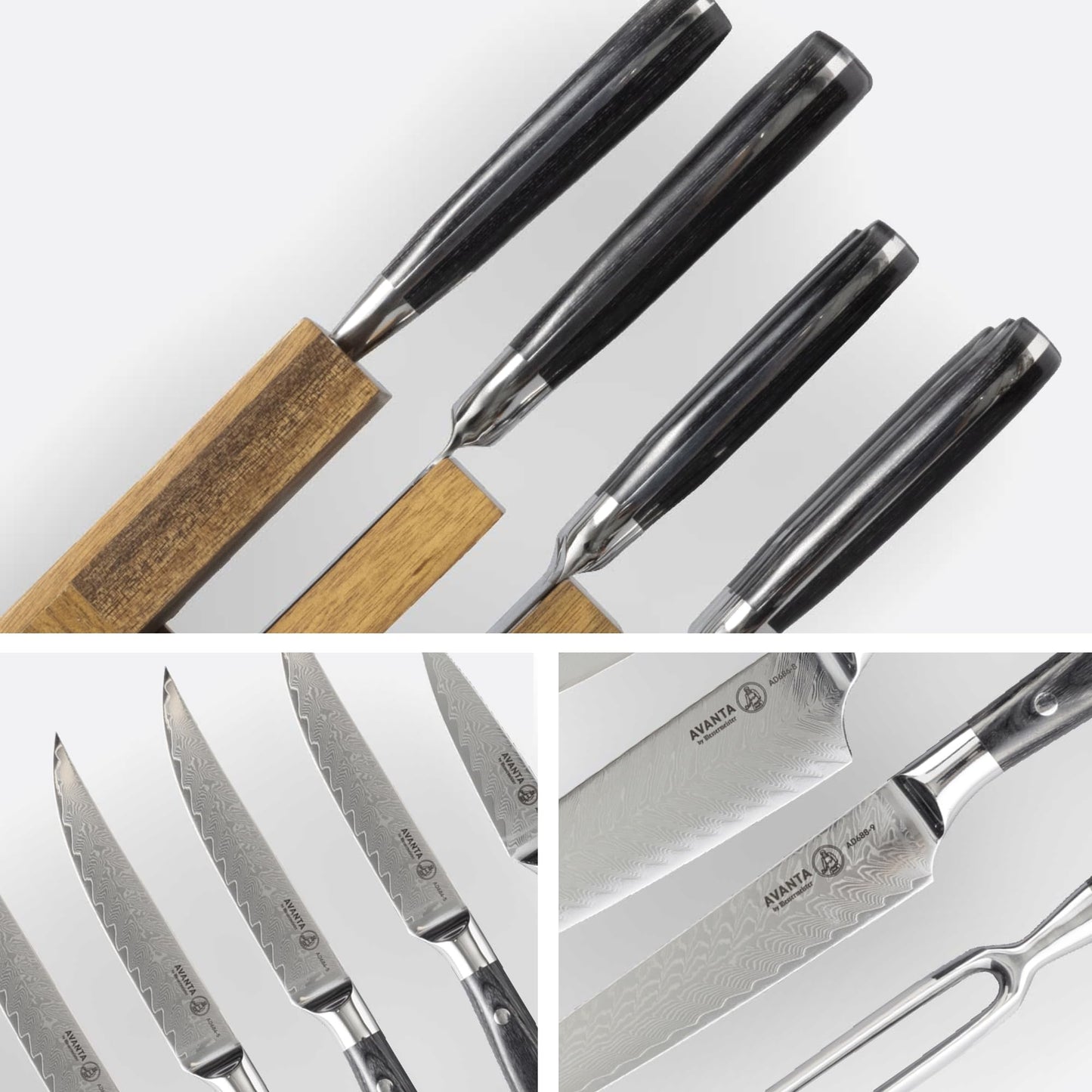 Messermeister Avanta Damascus 10-Piece Ebony Pakkawood Knife Block Set - Japanese Damascus Stainless Steel - 4 Speciality Knives, Heavy-Weight Fork, 4 Steak Knives & Magnetic Knife Block