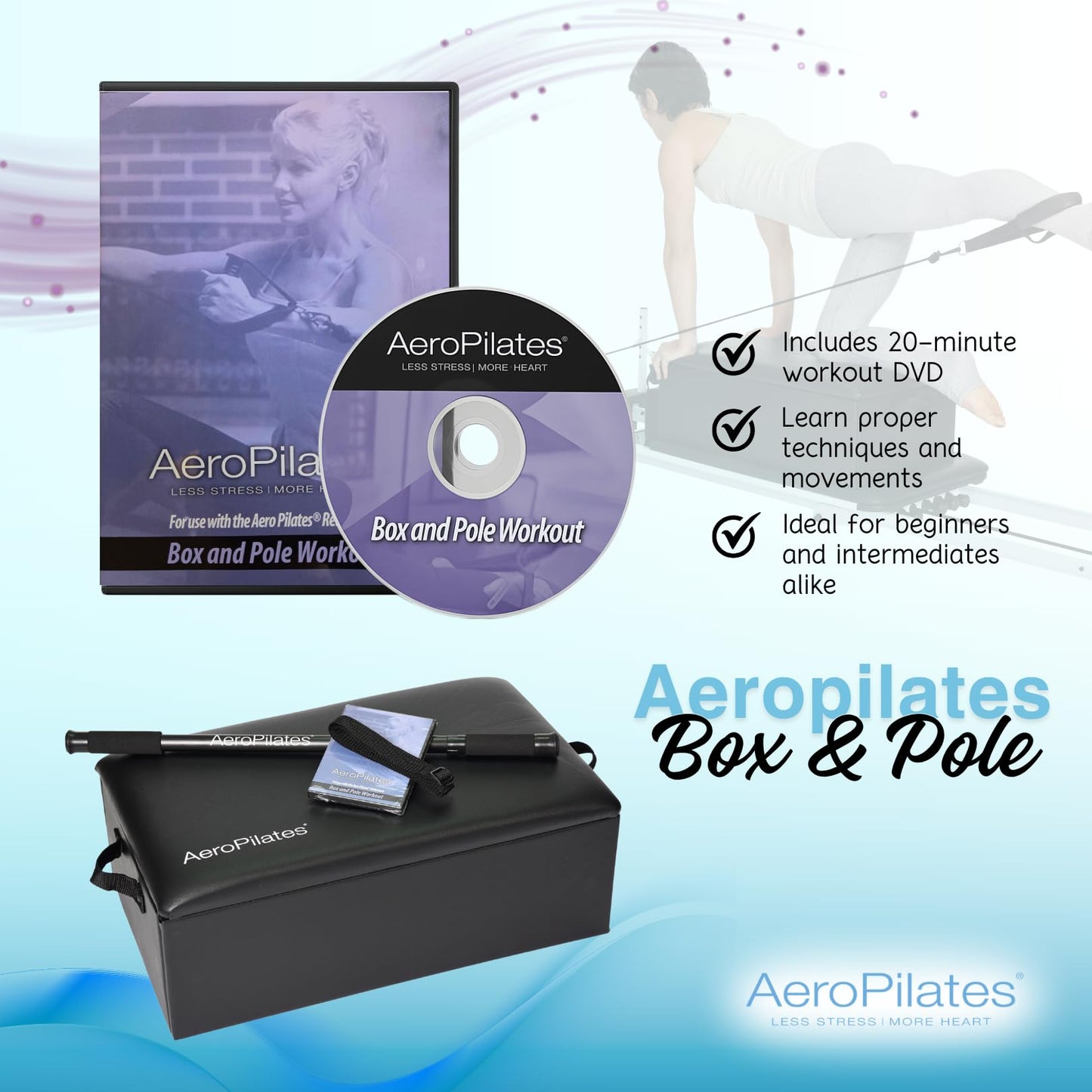 AeroPilates Box & Pole – Pilates Reformer Accessory for Strength, Balance & Flexibility – Includes Adjustable Support Pole, Strap & Instructional Workout Video – Compatible with All Pilates Reformers