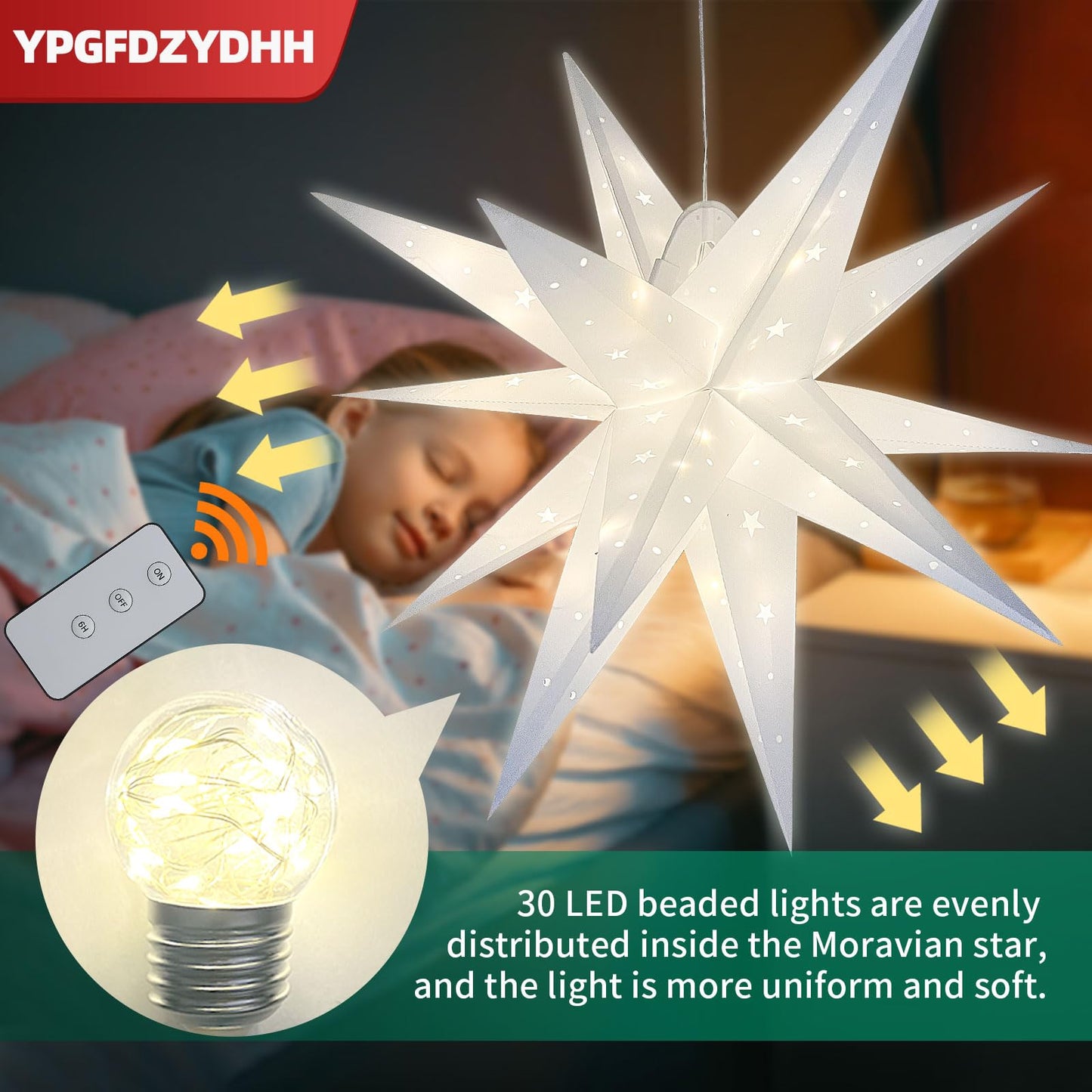 YPGFDZYDHH 23" Large Moravian Star Outdoor Light, Moravian Star Christmas Tree Topper Lighted Battery Operated, Remote Control Hanging Outdoor/Indoor Tree Topper Light for Courtyard, Porch-White