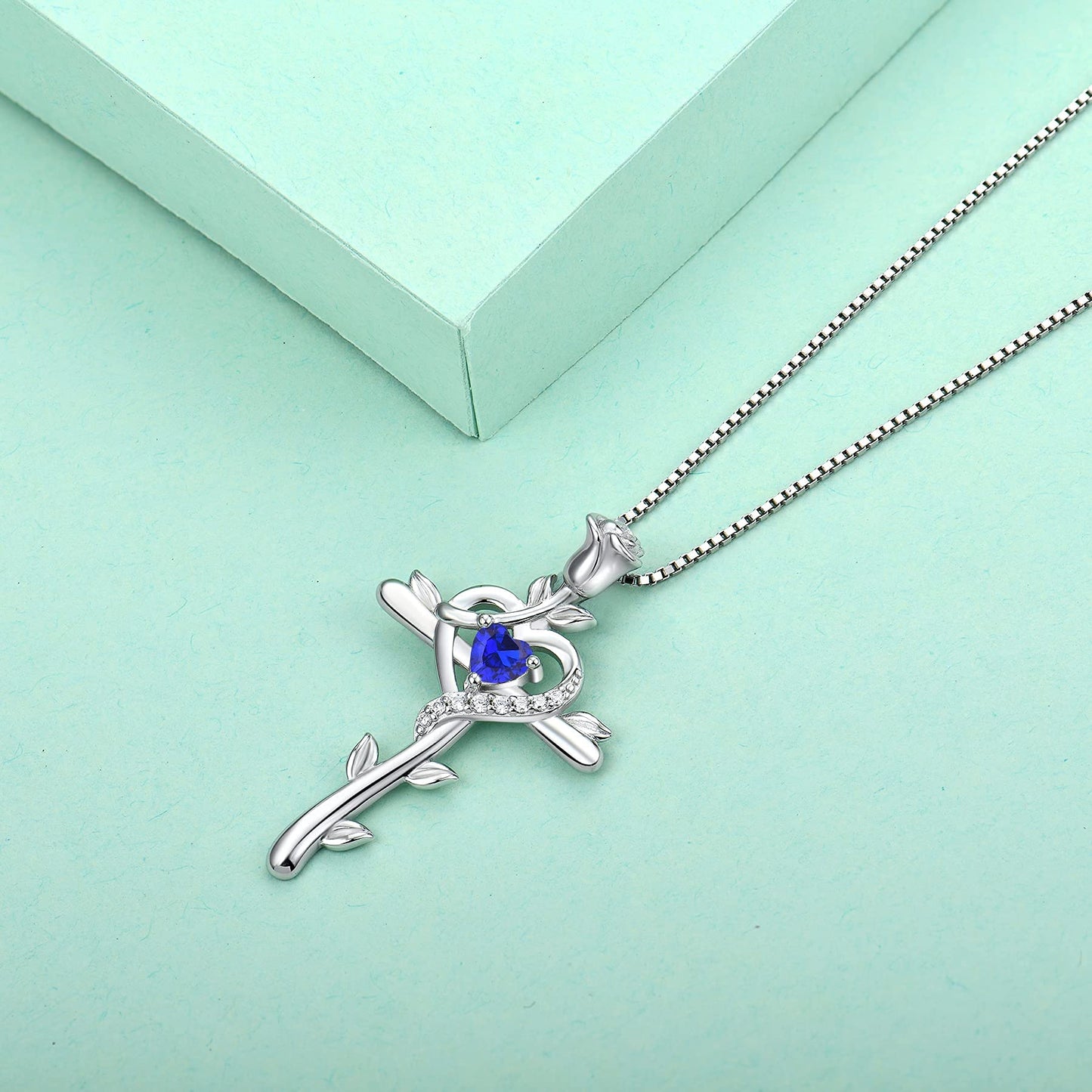 STARCHENIE Rose Cross Necklace 925 Sterling Silver Heart Crucifix Pendant Created Sapphire Jewelry for Women