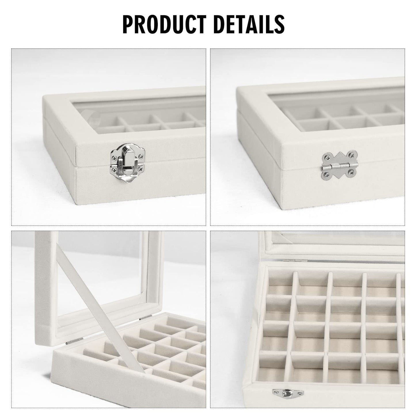 Vicoter Velvet Jewelry Box 24 Grid Jewelry Ring Display Organiser Box Tray Holder Earrings Storage Case for Girls Wife Mom Women (Beige)