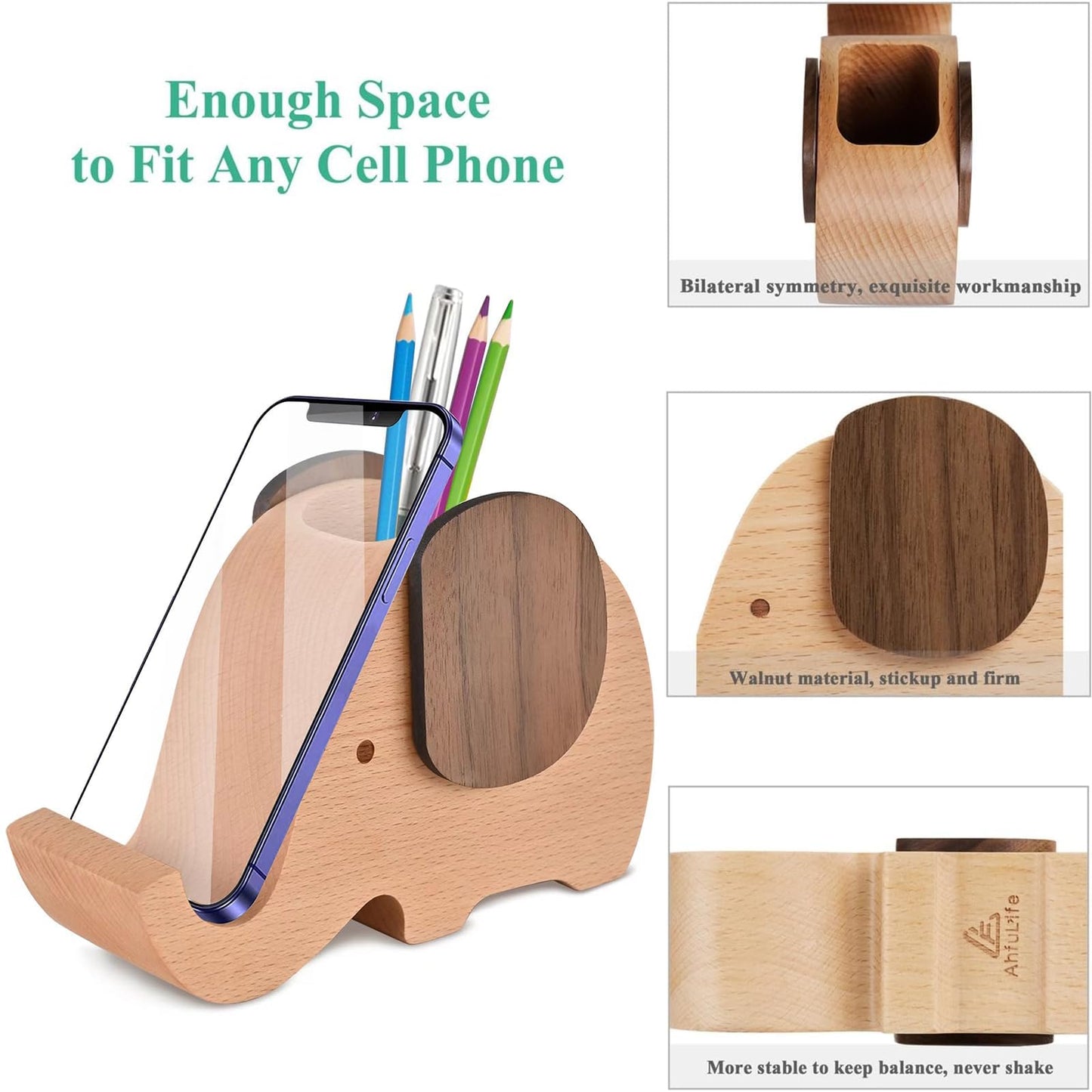 AhfuLife Wooden Elephant Cell Phone Holder/Stand with Pen&Pencil Holder/Pot, Desk Decoration Multi-functional Supplies Stationery Organizer, Christmas Gift Birthday Graduation Gift
