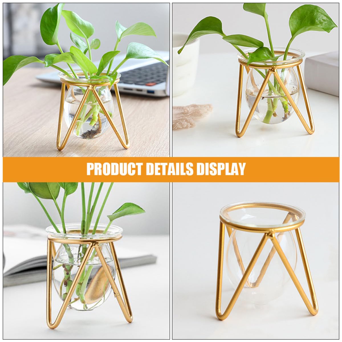 Homoyoyo Glass Planter with Gold Metal Stand, Decorative Hydroponic Vase Bulb for Desktop Plant Holder, Succulent Flower Arrangement Terrarium for Home and Office Décor