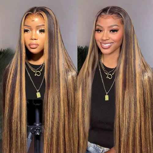 Balayage Highlights Lace Front Wig Human Hair Pre Plucked 24 Inch 13x6 HD Lace Frontal Wig Honey Blonde Highlight Outre Melted Hairline Lace Front Wig 150% Density Glusless Wigs Human Hair for Women