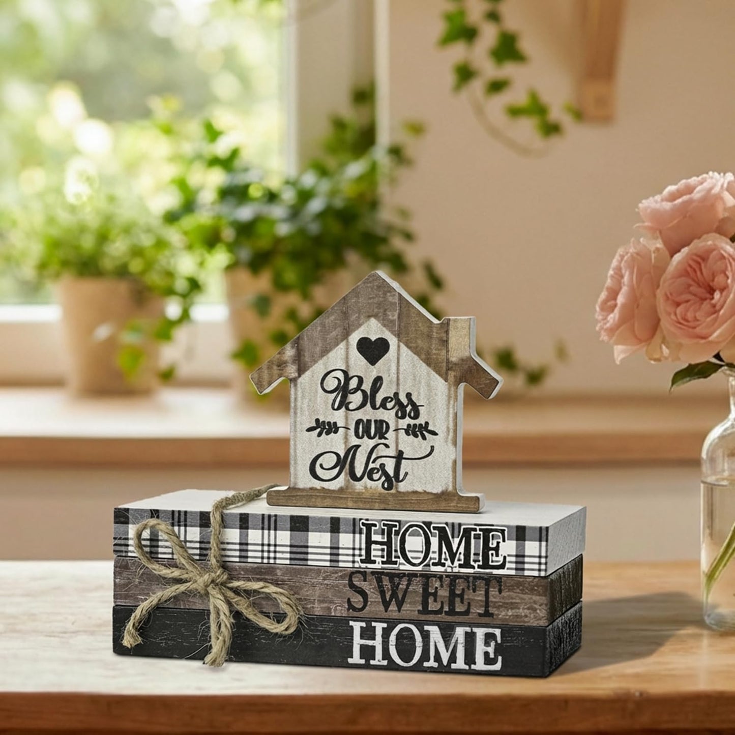 Smile Farmhouse Wooden Tabletop Decor Rustic Home Sweet Home Table Centerpiece, Block Sign Tiered Tray Decoration for Kitchen Shelves Desk Mantel