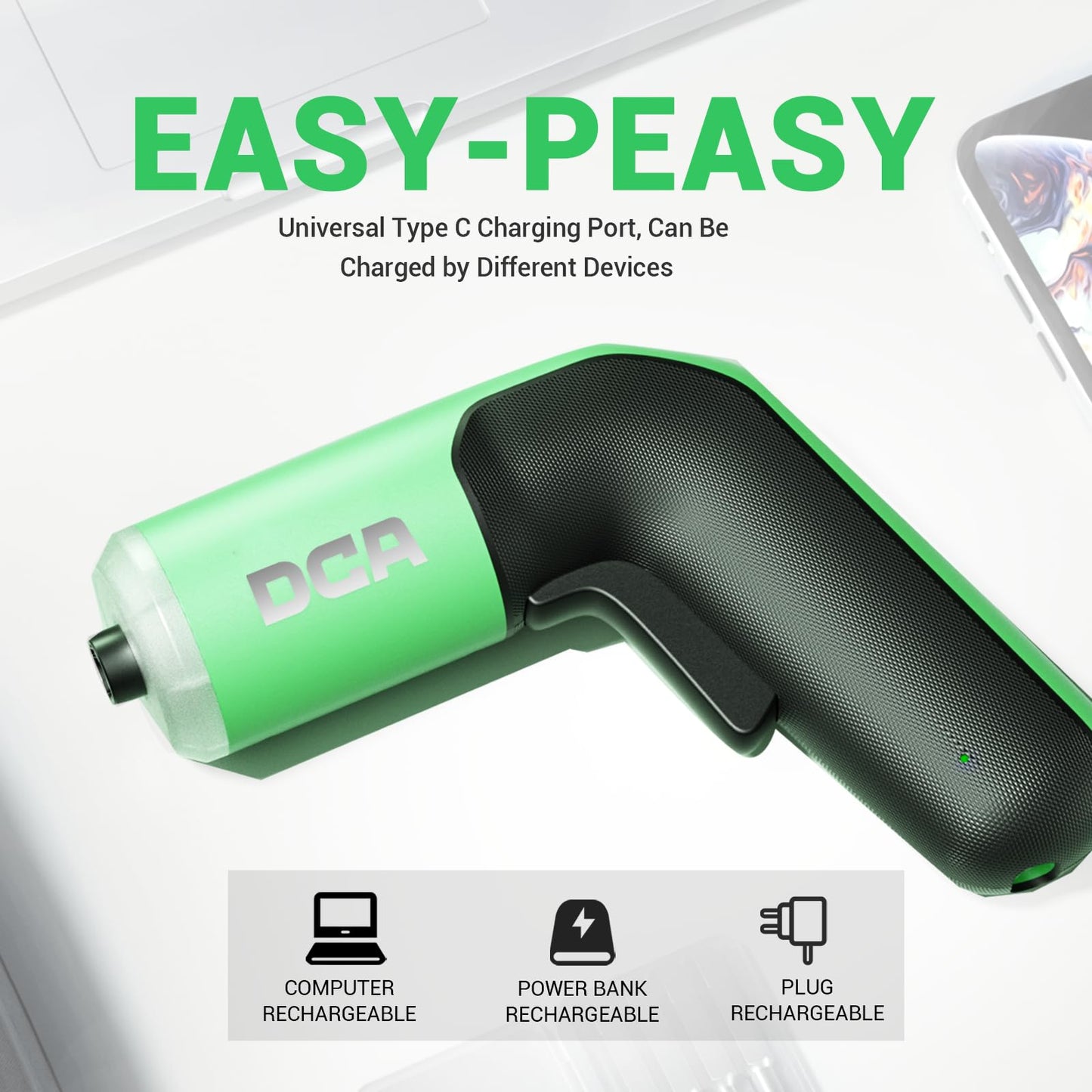 DCA 4V Electric Screwdriver Set, 5 N.m with 2000 mAh Li-ion Battery, 1/4" Magnetic Hex Chuck, USB-C Charging Cable, 18 Driver Bits for Furniture Repairs, Green