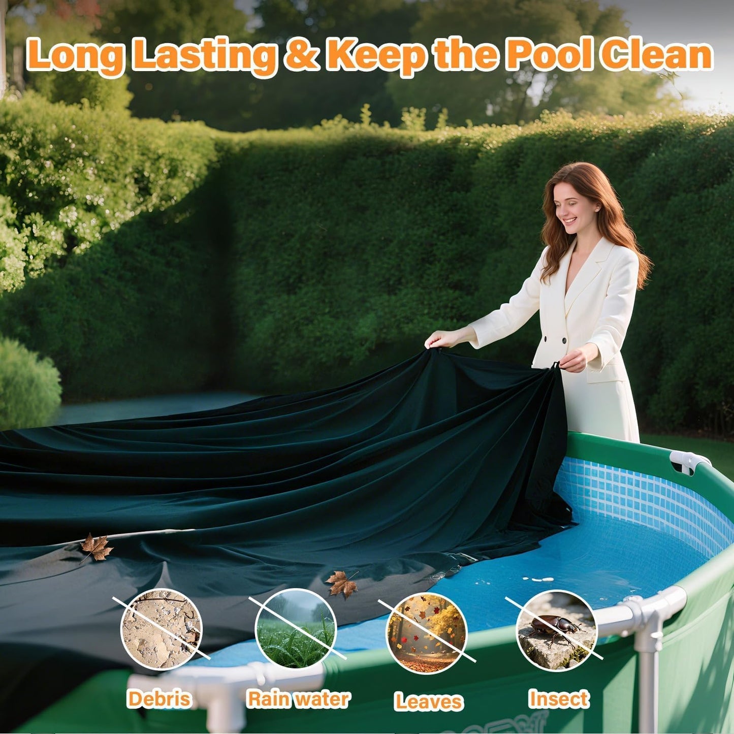 SAFANA 15FT Round Pool Covers for Above Ground Pools, Upgrade 420D Durable 15 foot Swimming Pool Cover Protective Leaf Cover with Reflective Strip Superior Windproof Tear Resistant UV Resistance Black