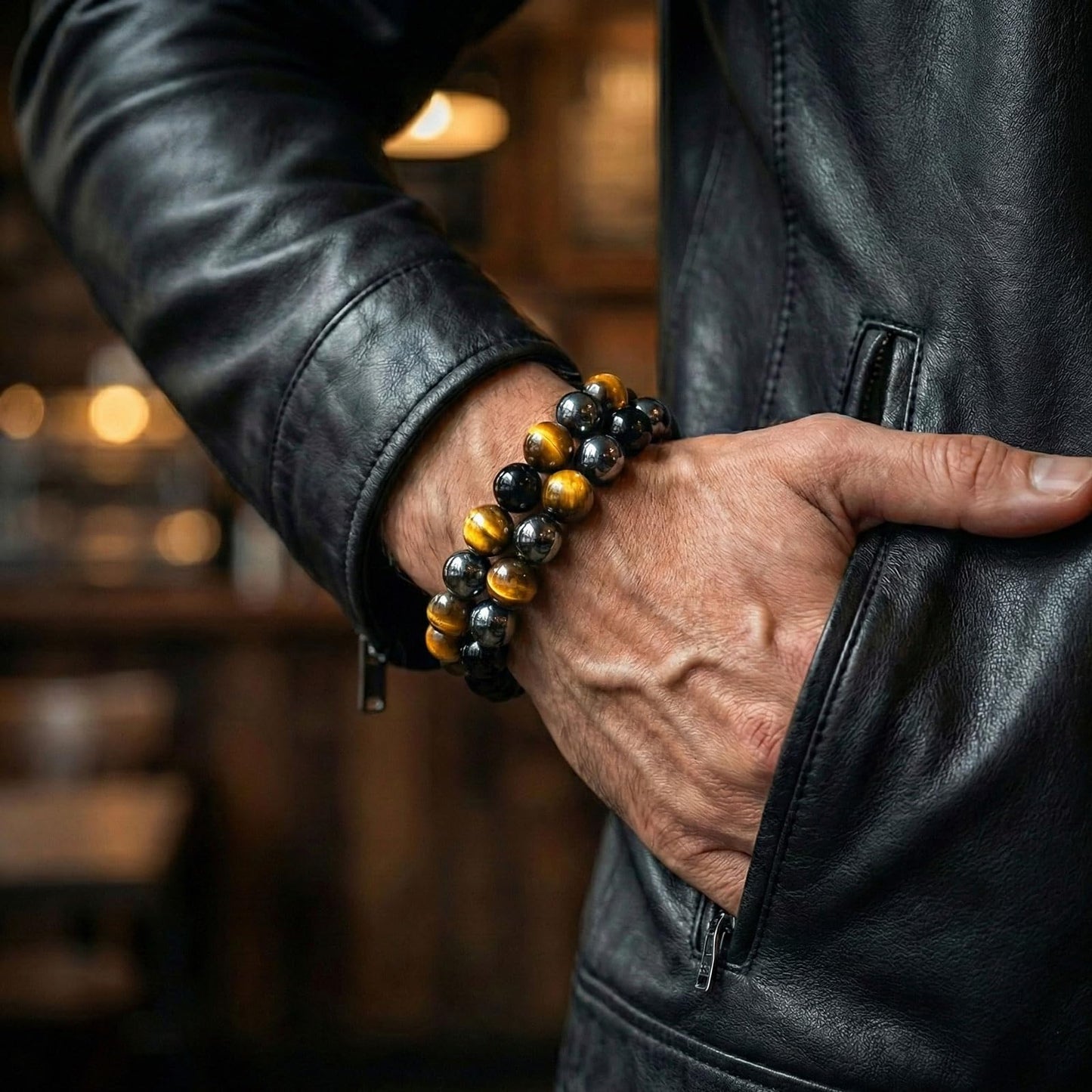 SFPJTL Triple Protection Bracelet for Men - 8mm Natural Tiger Eye Black Obsidian Hematite - Double Layer Adjustable Braided Stone Wristband - Stress Relief & Good Luck Gifts for Him Dad with Gift Box