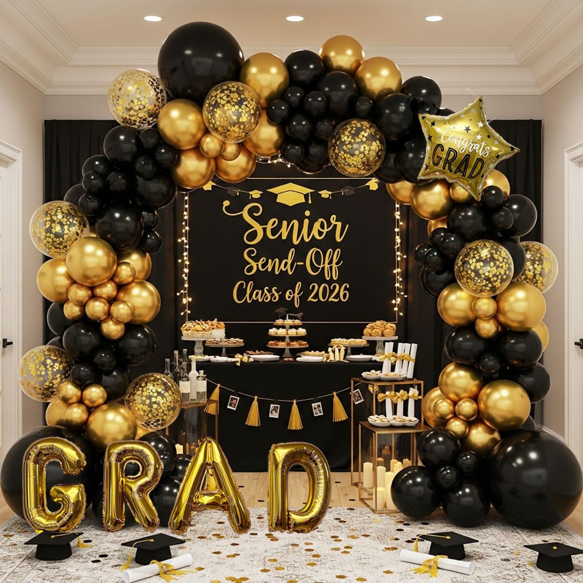 Visondeco Graduation Balloon Arch Kit - 115Pcs Black Gold Graduation Balloon Garland with GRAD Letters and Star Foil Balloons for Class of 2026 Grad Prom Party Decor