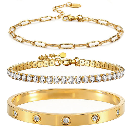 18K Gold Plated Paperclip Chain Tenni Bracelets Set, Stackable Rhinestone Bangle Bracelets for Women Tarnish Free Women's Trendy Jewelry Stainless Steel Hand Chain Bracelet Jewelry Gift Set for Women