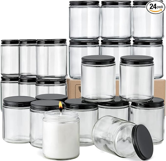 24 Pack, 8 OZ Thick Glass Jars with Metal Lids, Clear Round Candle Making Jars,Empty Food Storage Containers, Mason Canning Jar For Spice, Powder, Liquid, Sample, Lotion, Cosmetic,Dishwasher Safe