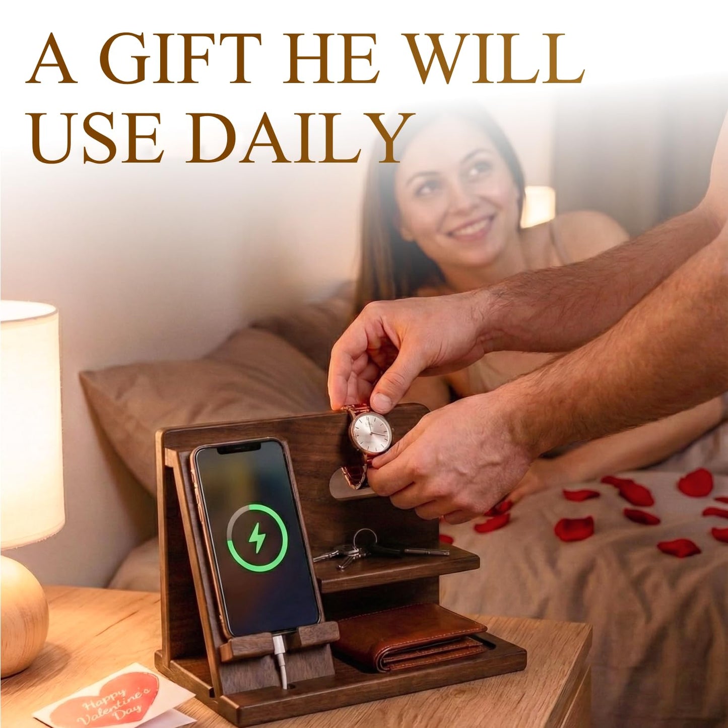 TESLYAR Wood Phone Docking Station for Men - Desktop or Nightstand Organizer - Birthday Gifts for Men, Dad - Anniversary Idea from Wife - Key Holder, Stand Wallet, Watch & Essentials (Bourbon Brown)