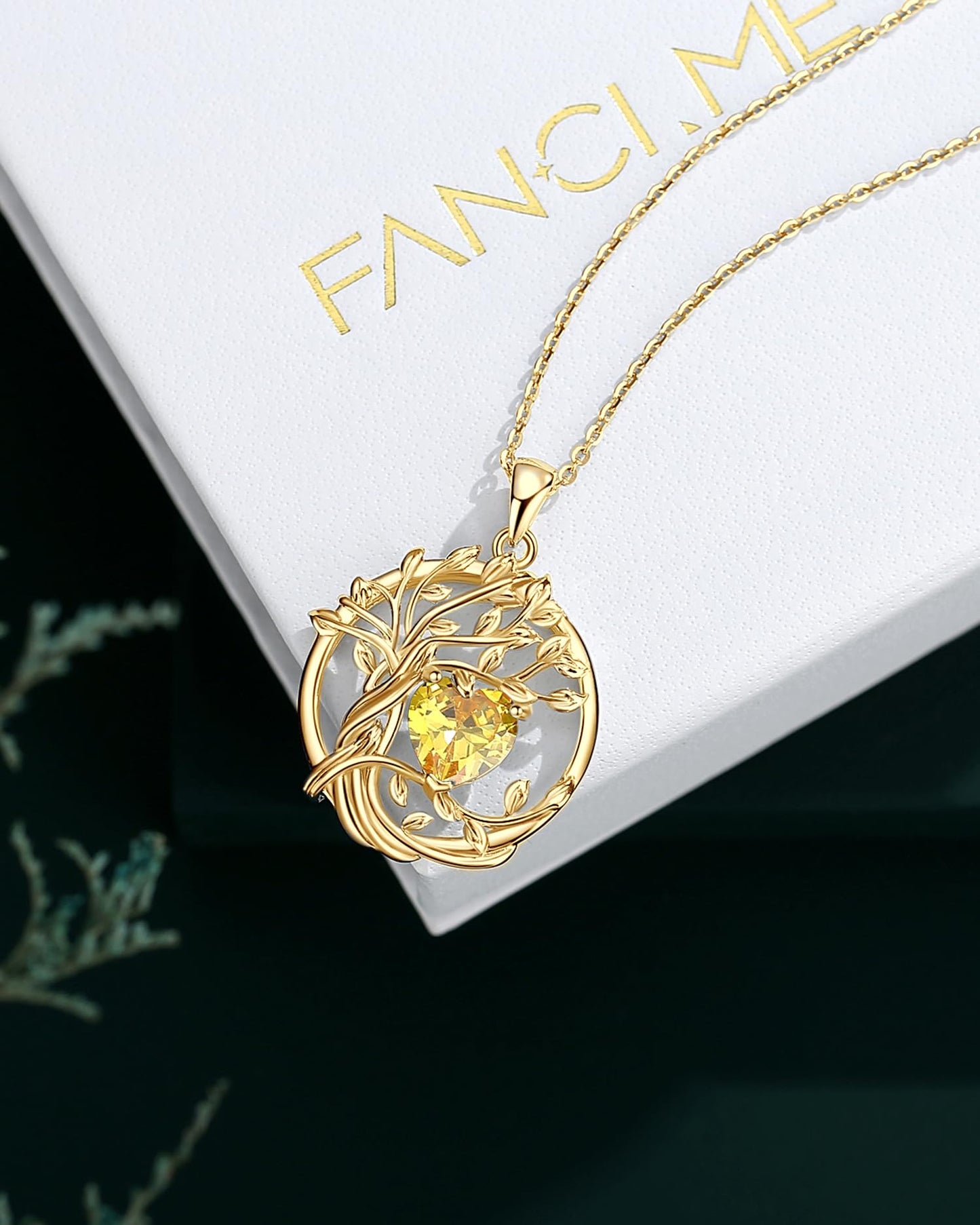 FANCIME Tree of life November Birthstone Necklace for Women Sterling Silver Yellow Gold Plated Citrine Pendant Yellow Topaz Gemstone Birthday Jewelry Mothers Day Gifts for Wife Mom Her