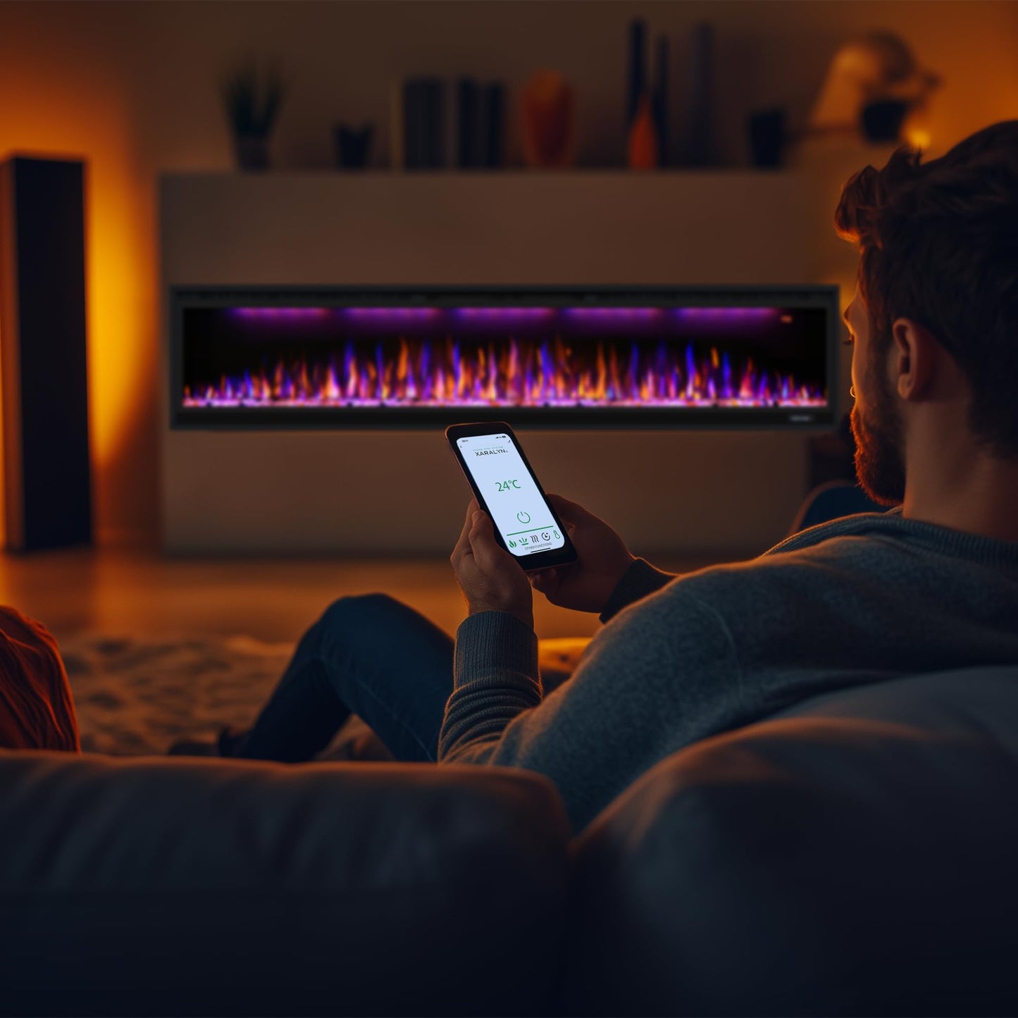 Dreamflame 74 inch Electric Fireplace, Smart Fireplace Insert recessed in Wall and Wall Mounted fire Place Heater with Metal Frame, Multicolor Flame & Realistic logs，Thermostat& Timer, 1500W, Black